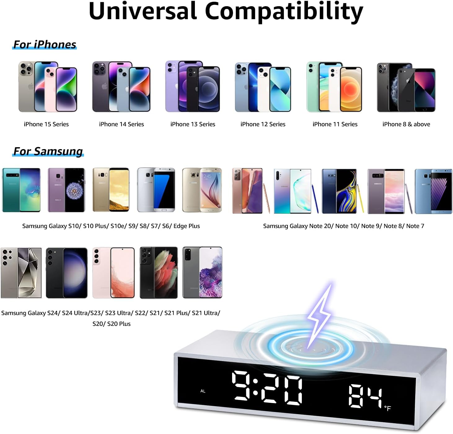 OhM-ega Digital Alarm Clock with 15W Wireless Charging