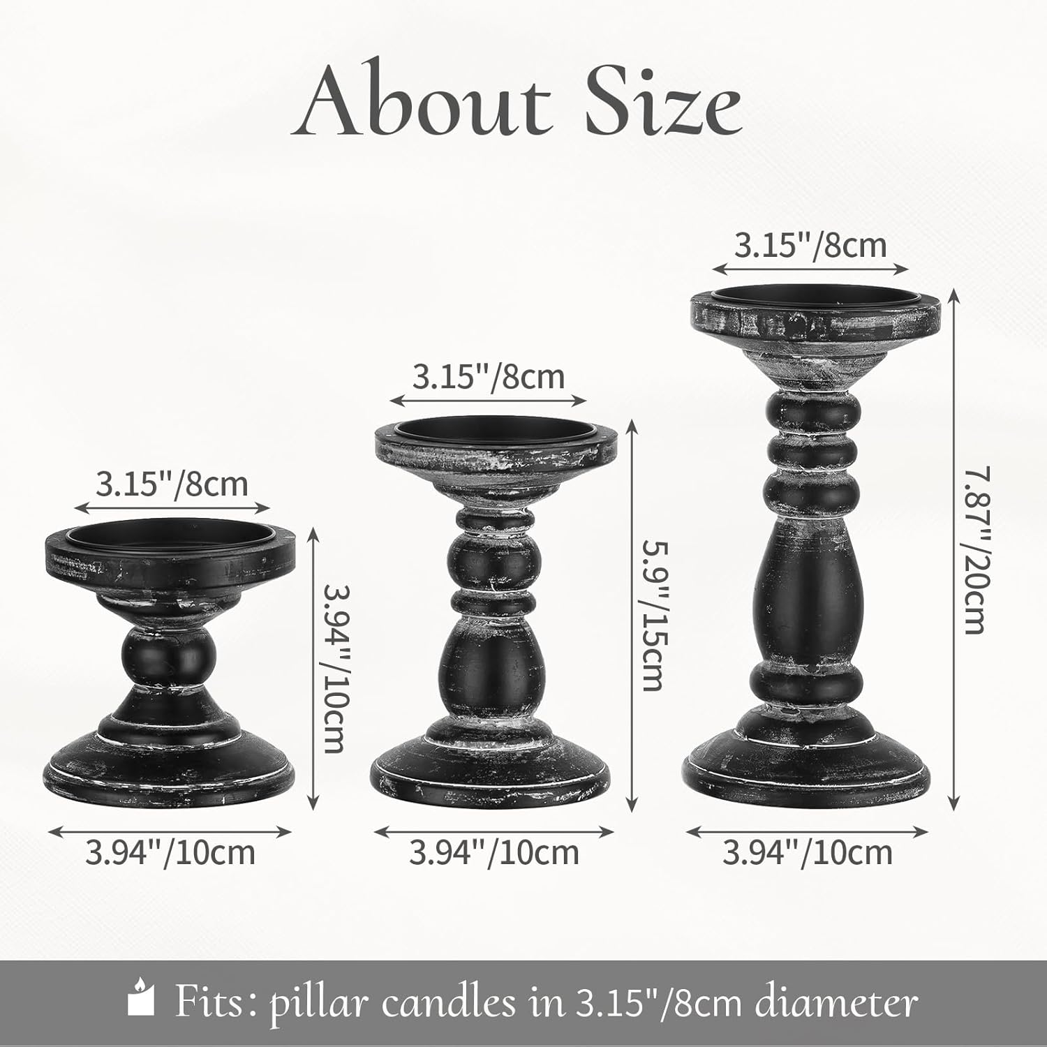 Inweder 3Pcs Rustic Black Candle Holders for Pillar Candles
