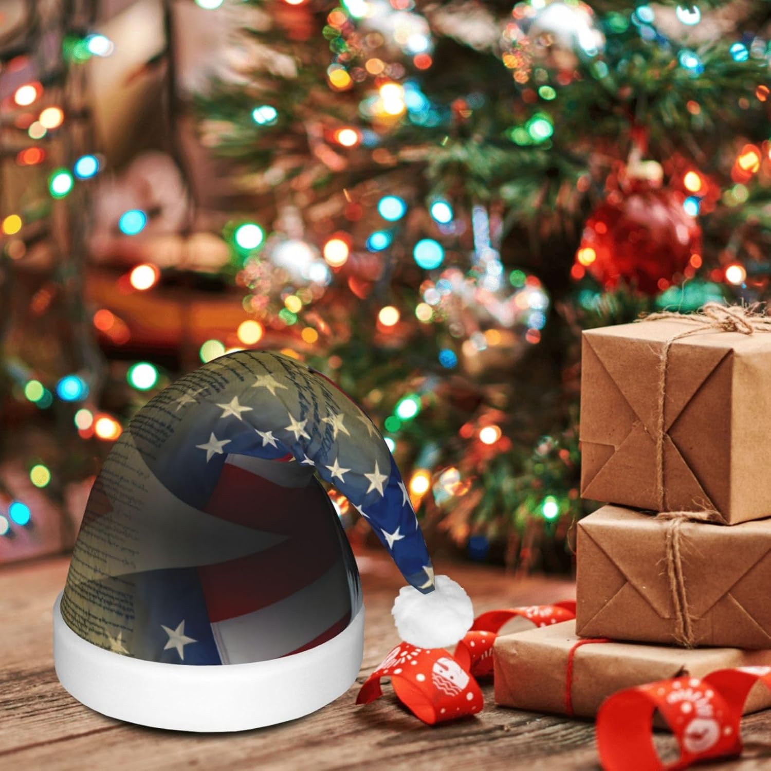 American Eagle Print Santa Hat Plush Light Up for Adult Christmas Party