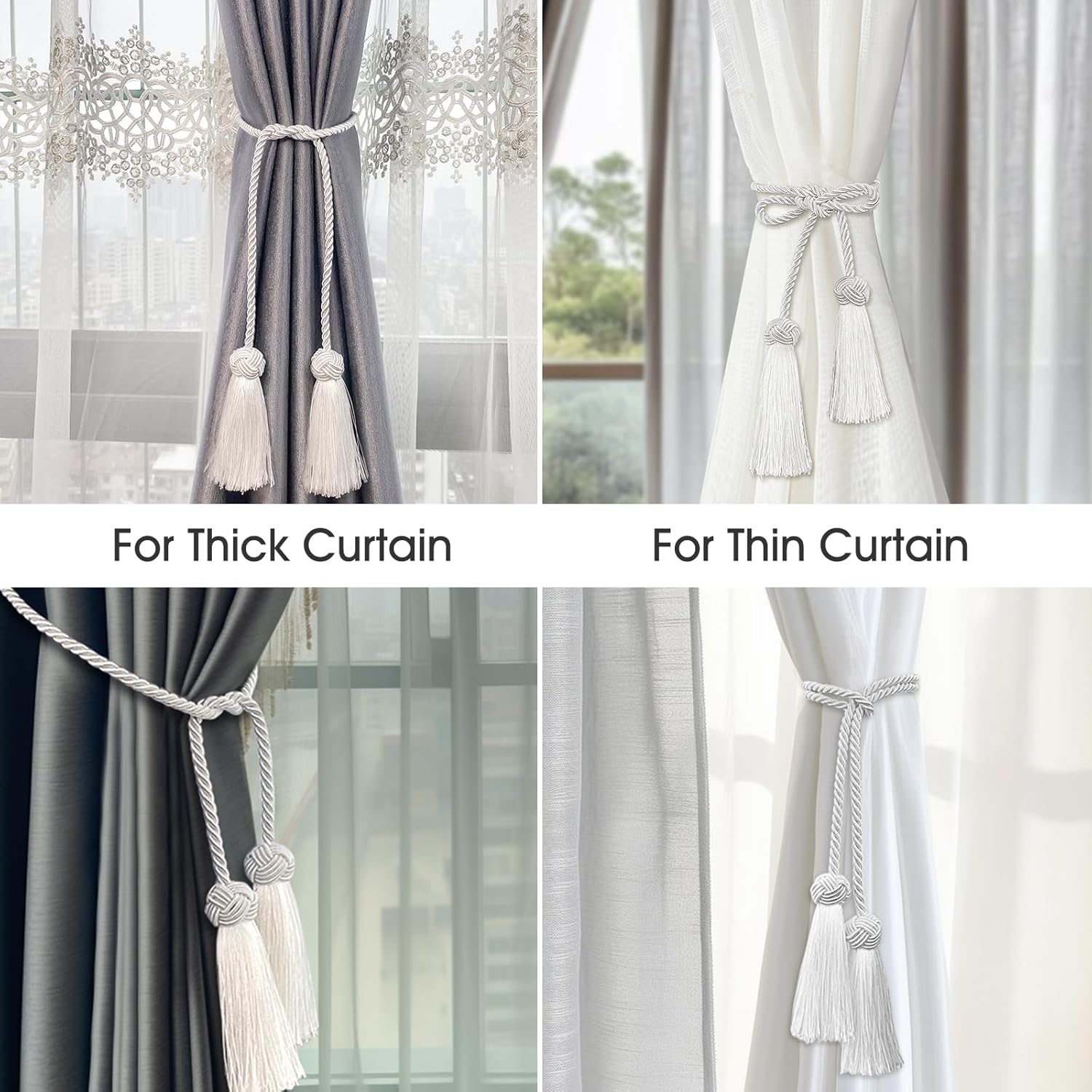 2 Pack Grey Curtain Tassel Tiebacks with Rope