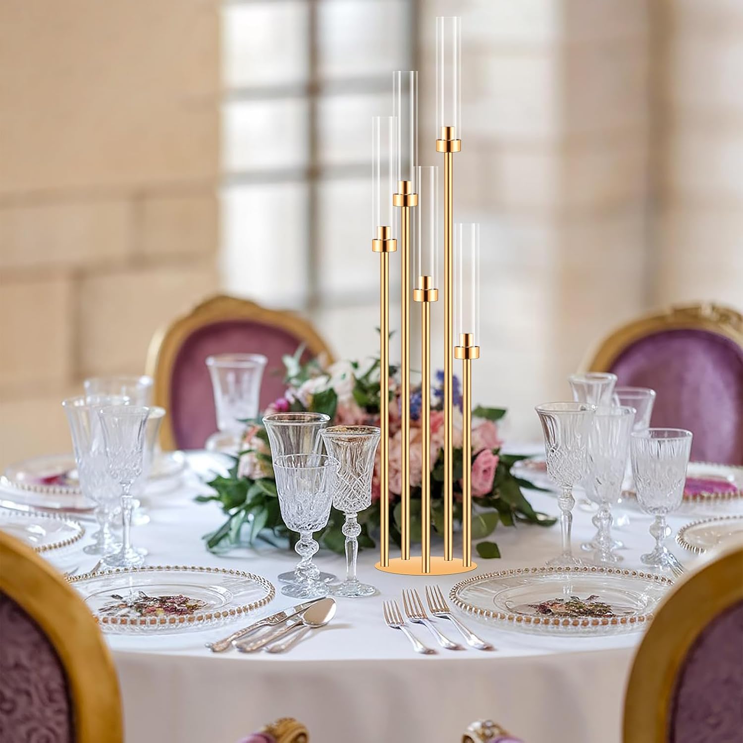 2 Sets Gold Candelabra Centerpieces with LED Candles
