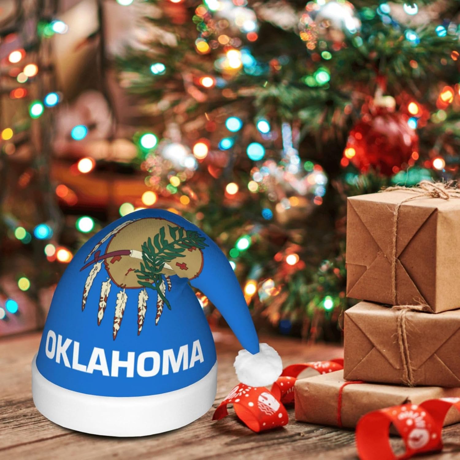 Oklahoma State Flag Christmas Hat with LED Lights 1