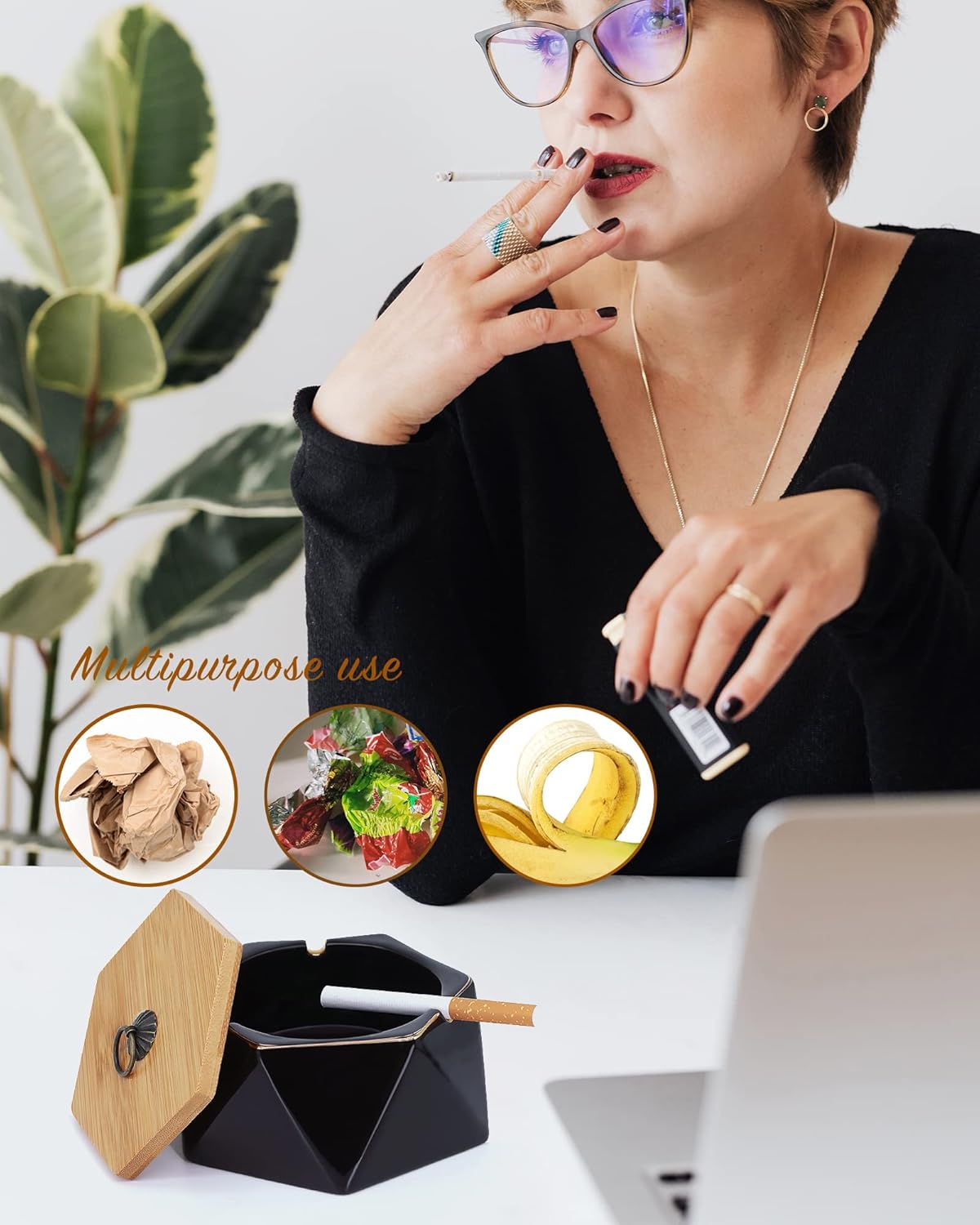 Pink Marble Ceramic Ash Tray with Lid for Home and Office
