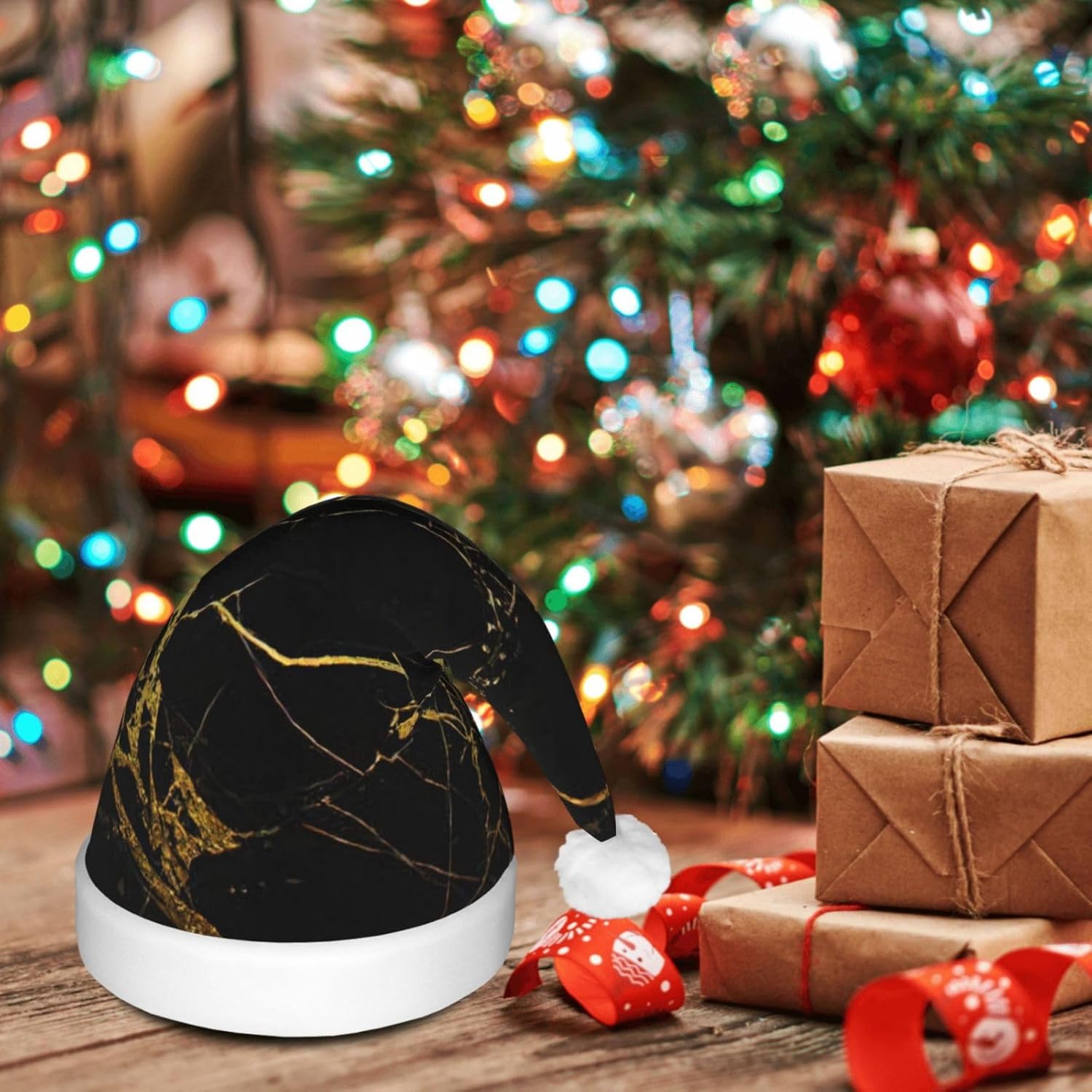 QINZHENG LED Black and Gold Santa Hat for Christmas Party