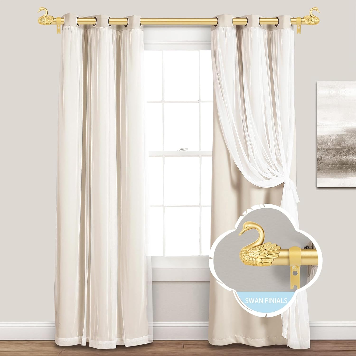 TANGWIN Gold Farmhouse Curtain Rod with Swan Finials