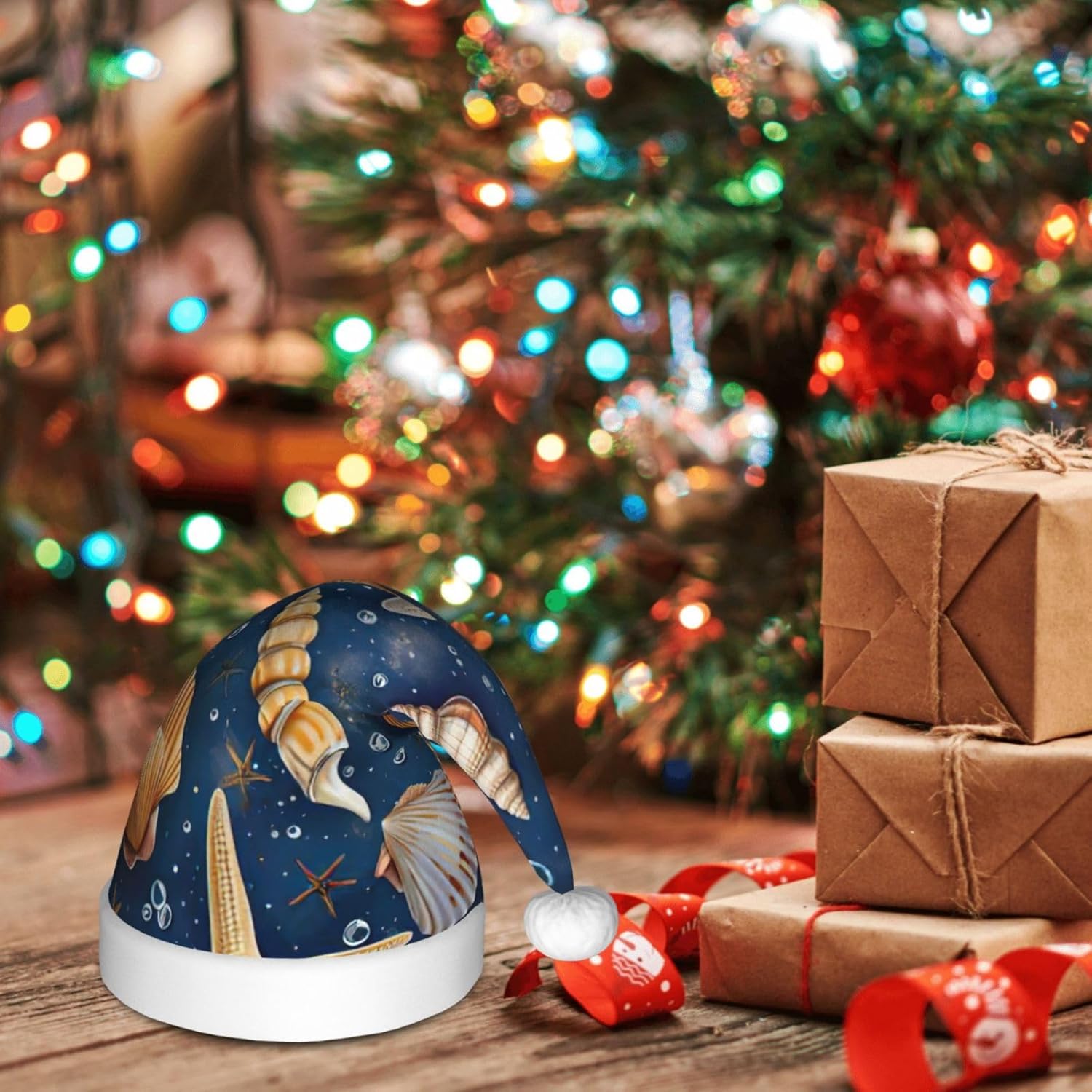 Starfish and Seashell Pattern Christmas Santa Hat Small Size
