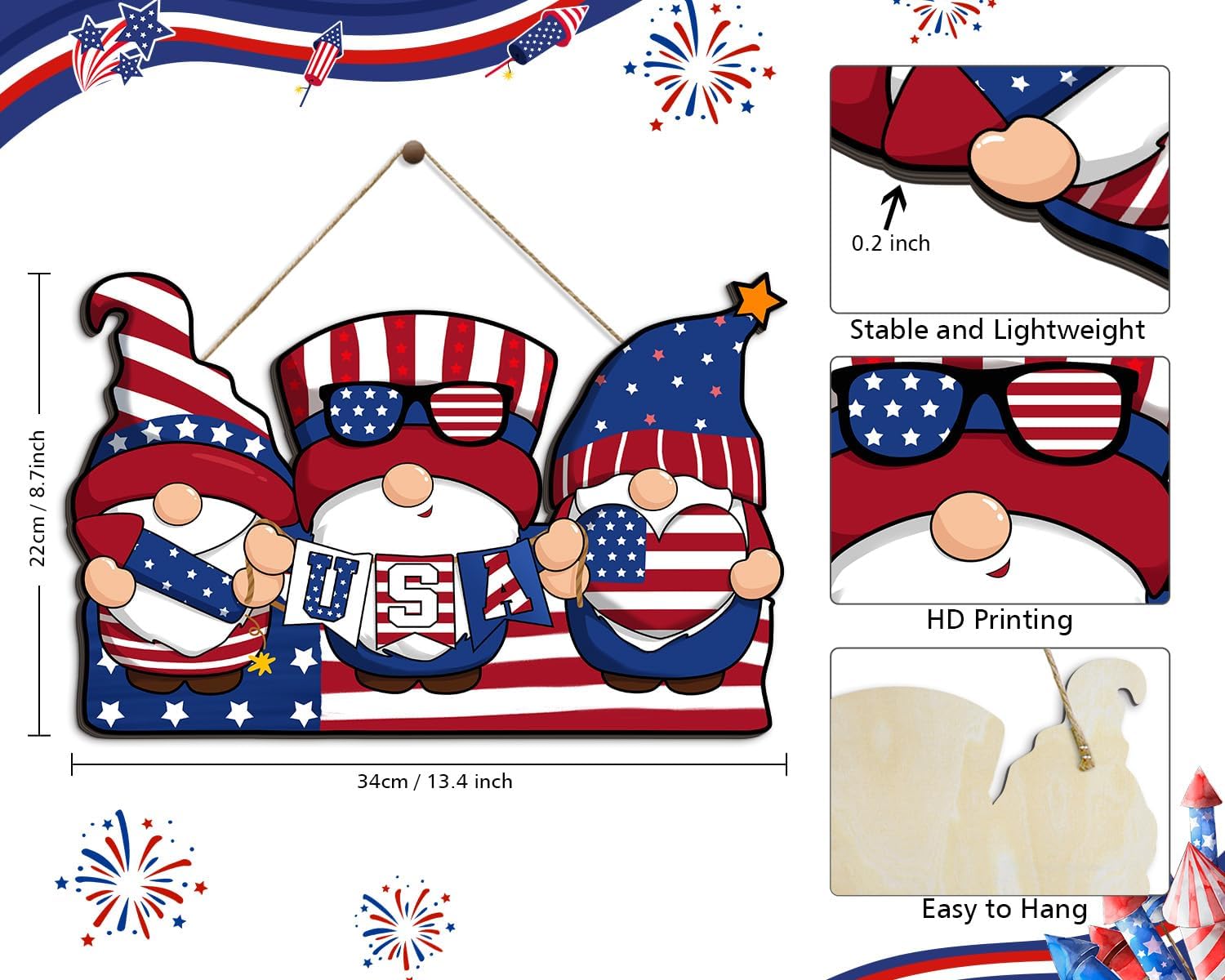 4th of July Wooden Flag Wall Sign with Rope