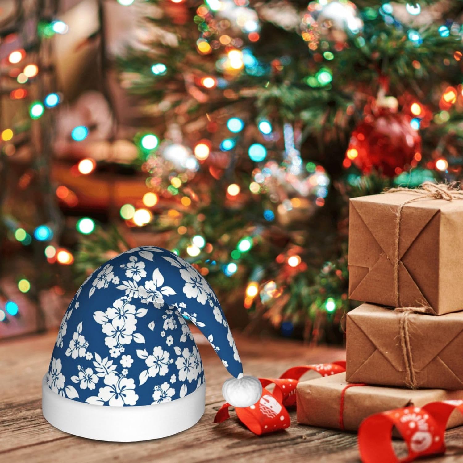 Hawaii Flower Print Santa Hat Christmas Party Headwear