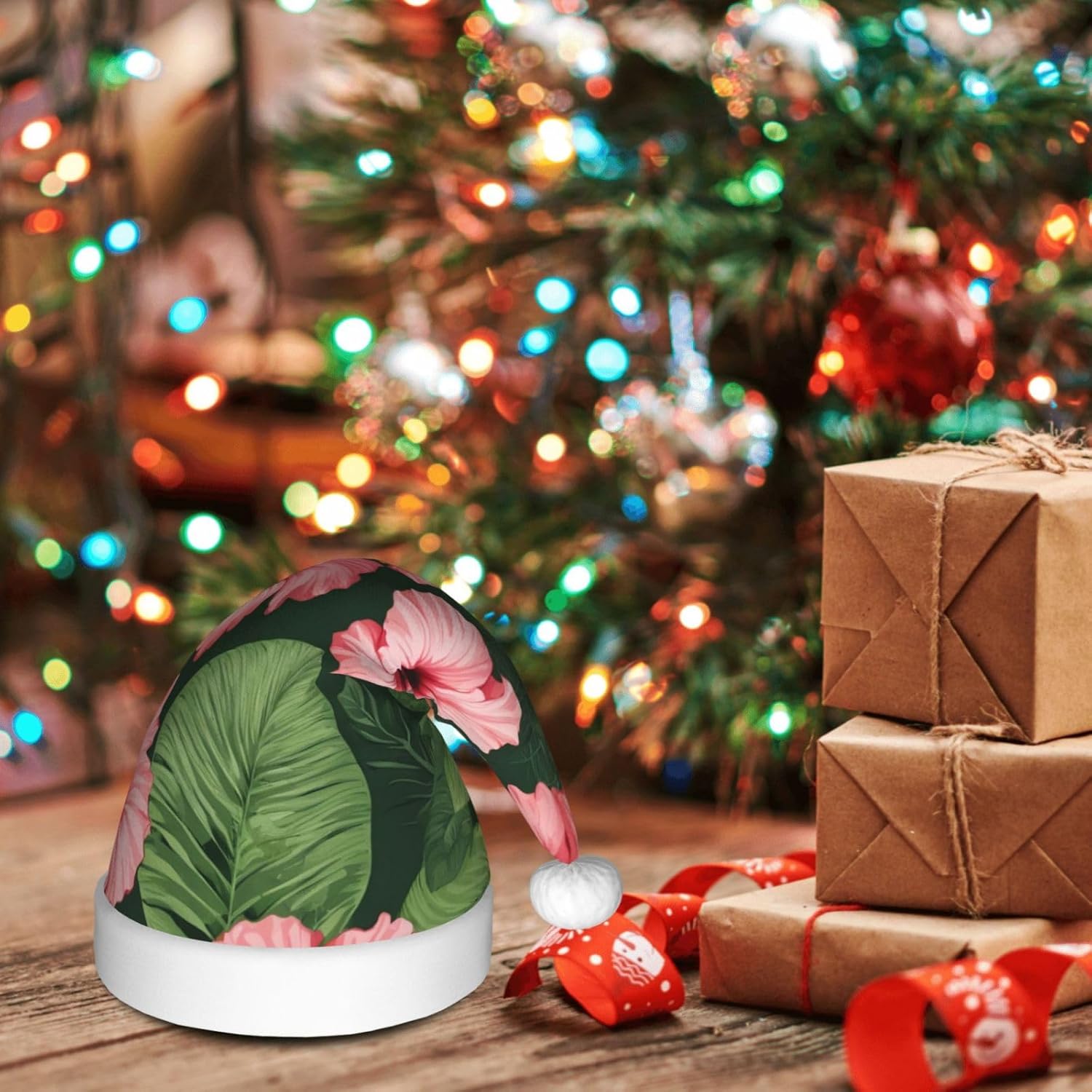 QINZHENG Velvet Santa Hat with Hibiscus Flowers Print