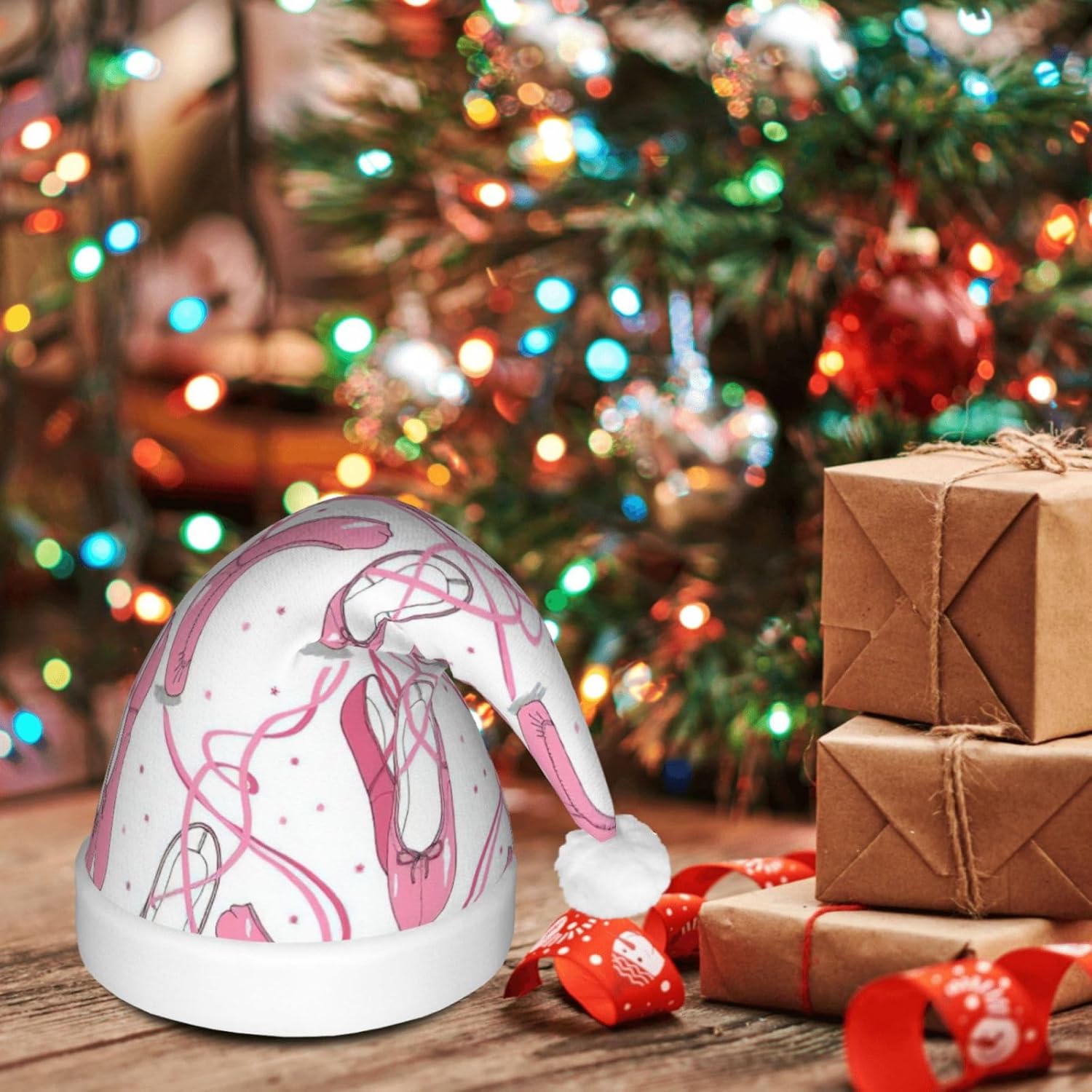 Pink Ballet Shoes Print Christmas Santa Hat for Adults