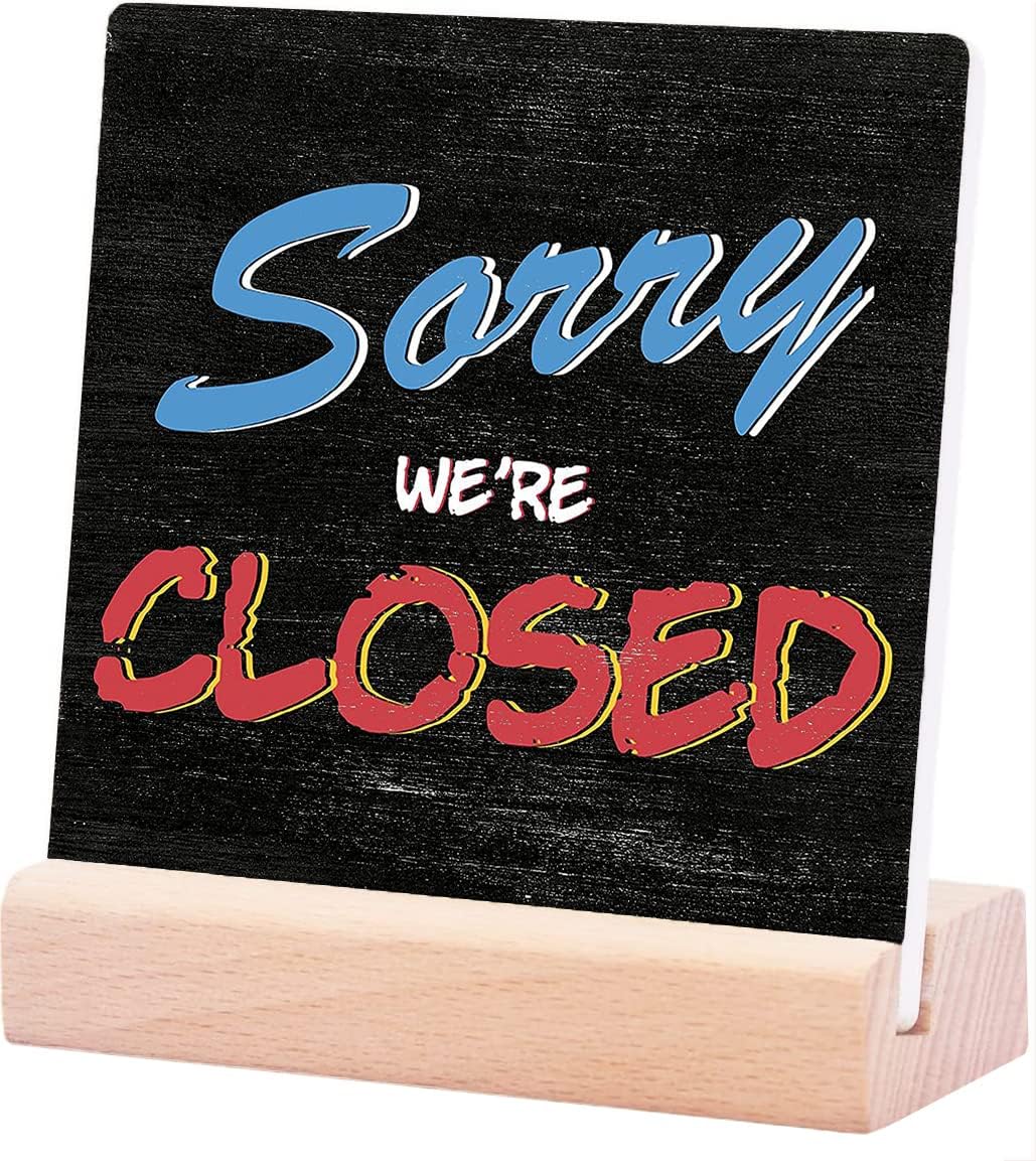 Polilike Funny Closed Door Ceramic Table Sign with Wood Stand