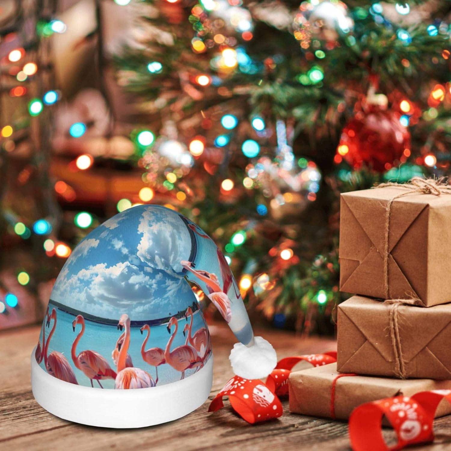 Flock of Pink Flamingos Christmas Santa Hat with LED Light