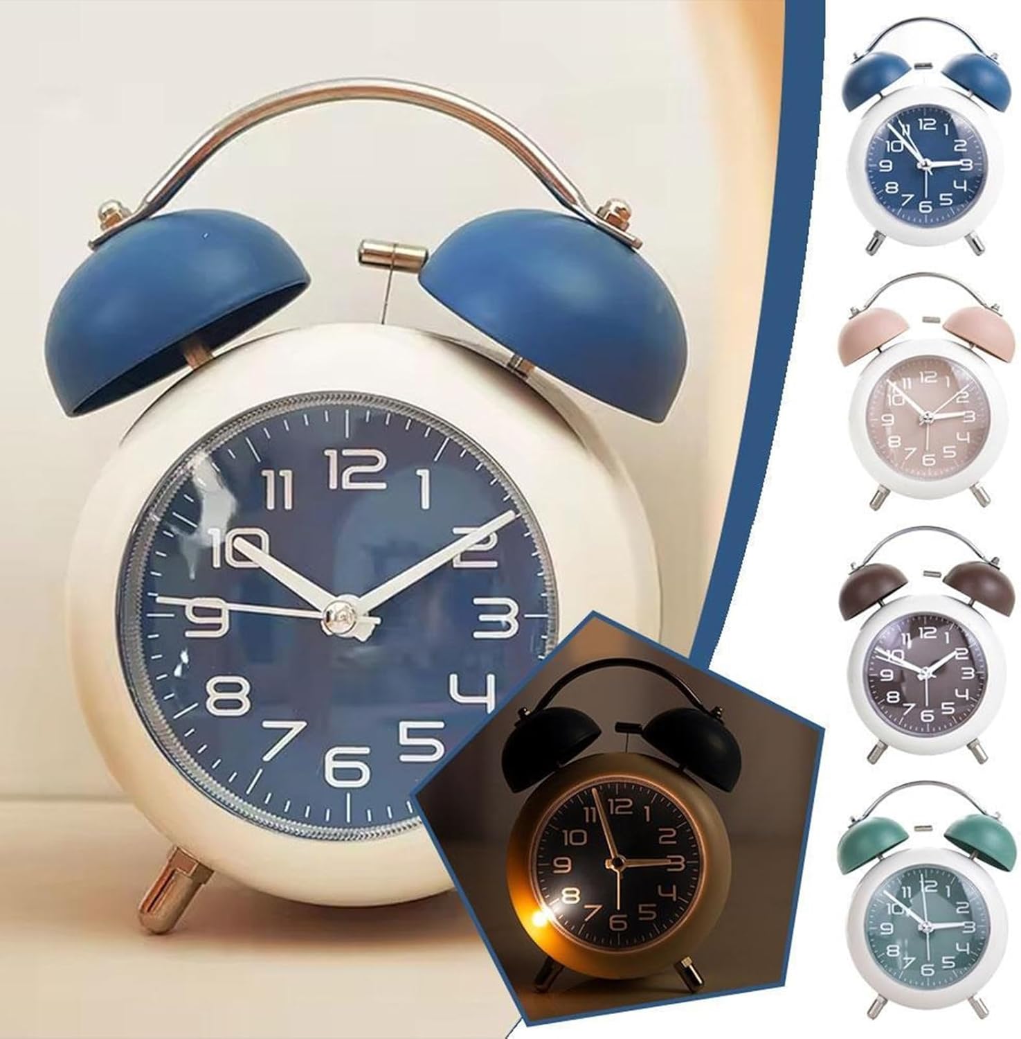Blue Metal Alarm Clock with Double Bell and Backlight