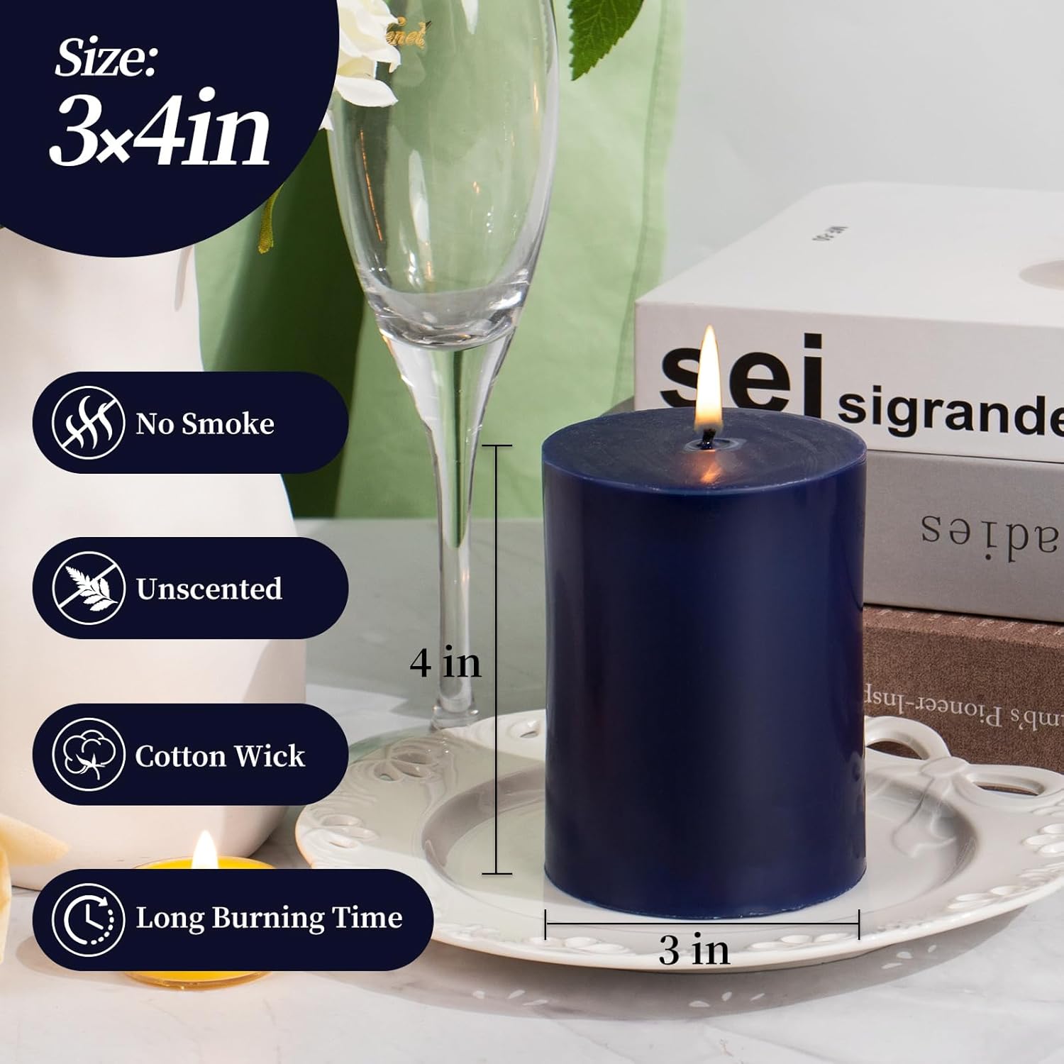 KONNI Navy Blue Pillar Candles Set of 3 3x4