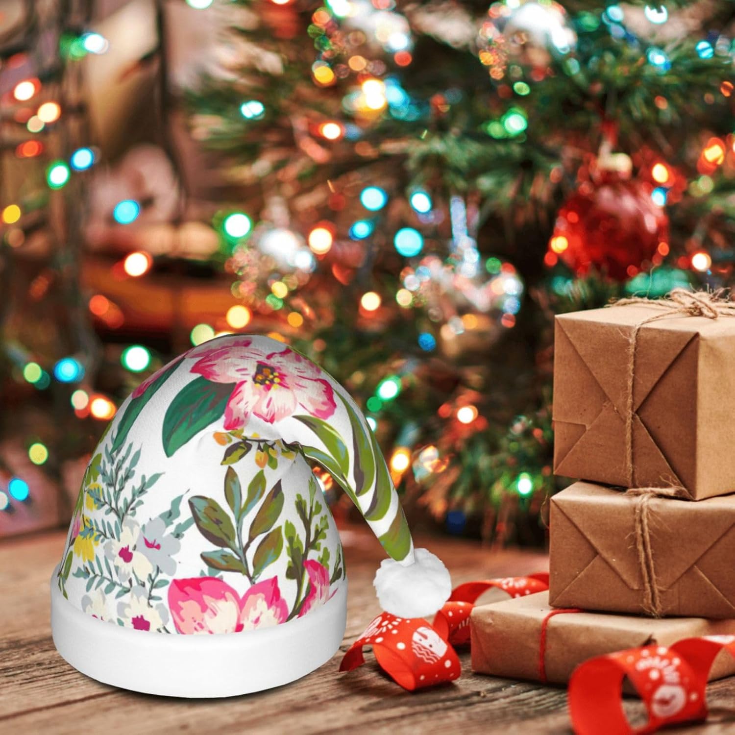 Hibiscus Flowers Christmas Santa Hat Plush Light Up Funny Adult Party Hat