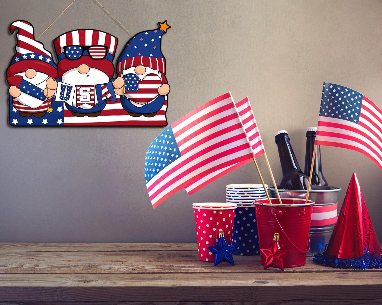 4th of July Wooden Flag Wall Sign with Rope
