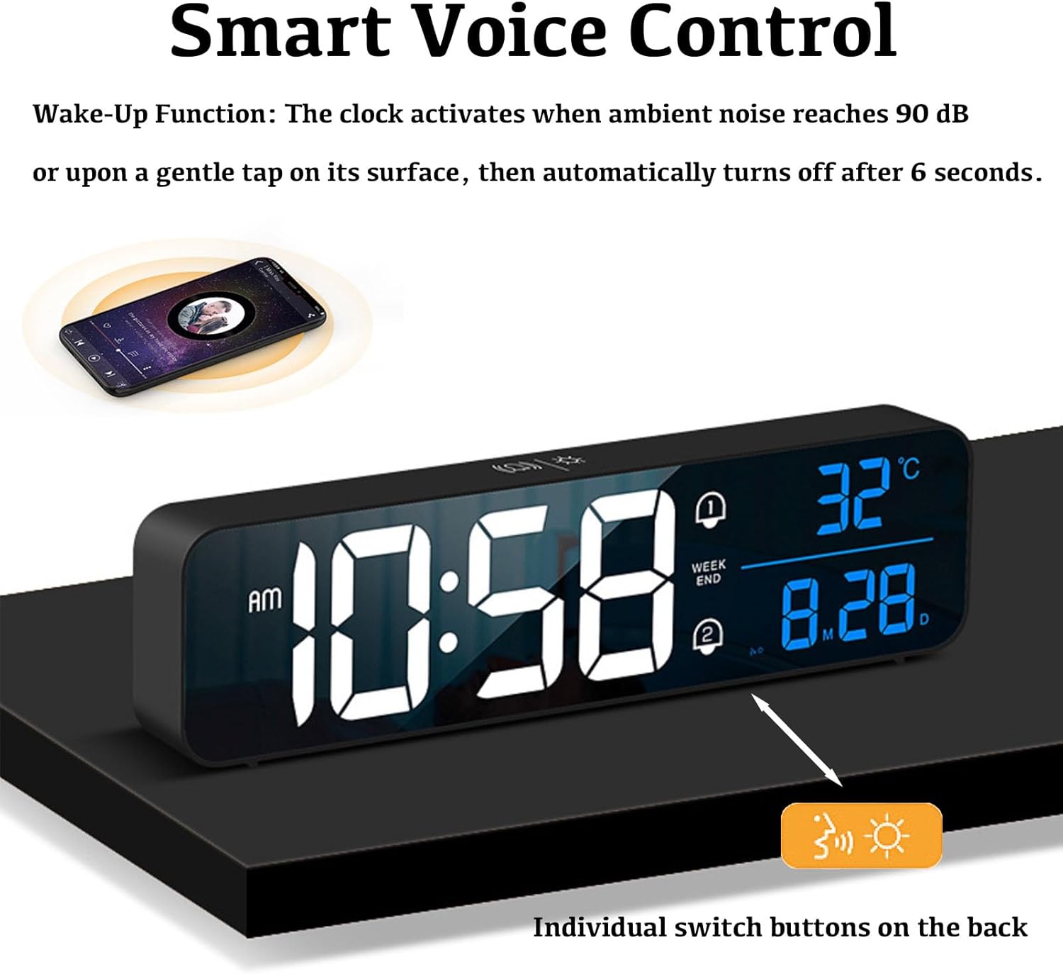 LED Alarm Clock with Voice Control and Dual Alarm