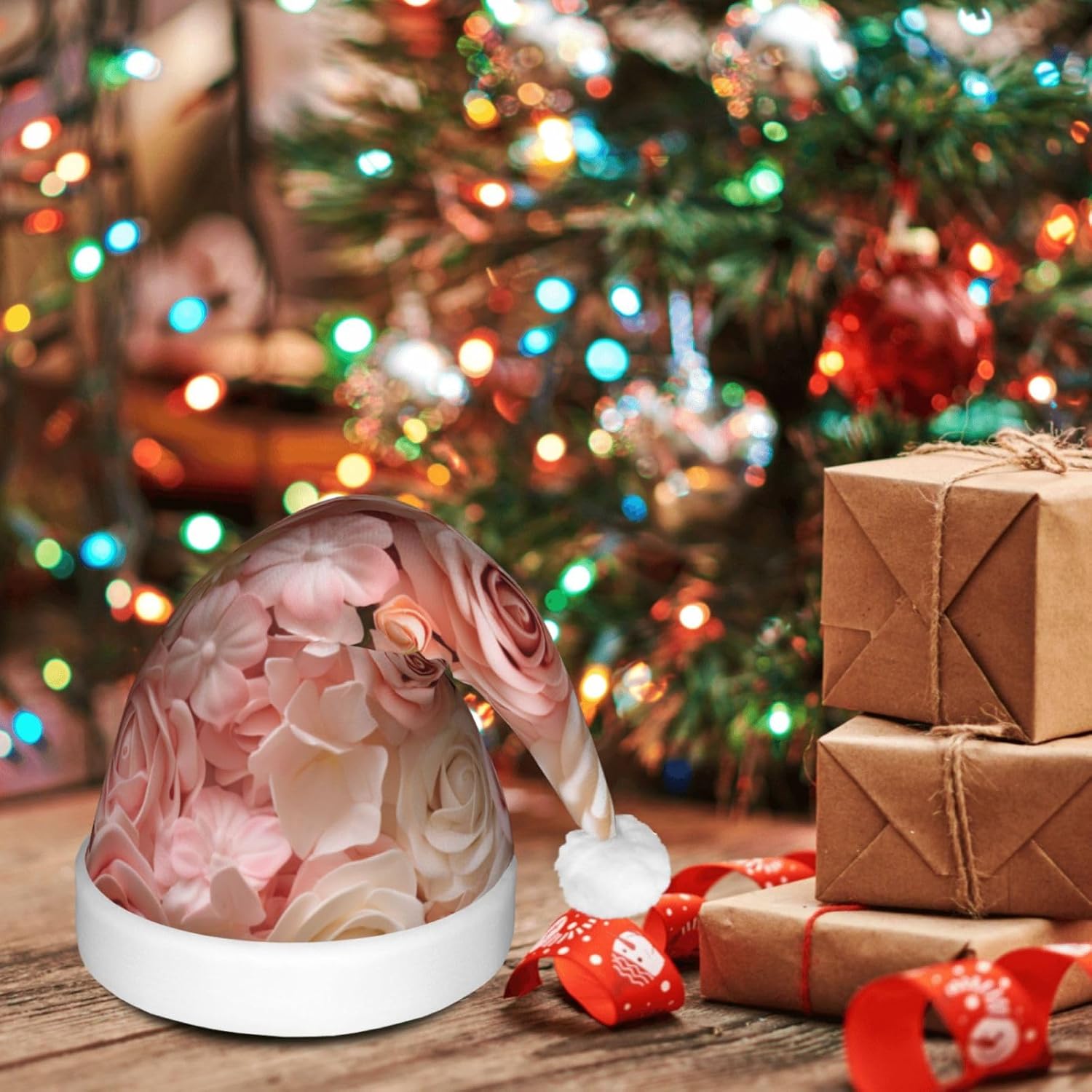 Beautiful Flower Cake3 Print Christmas Santa Hat Plush Light Up for Adult