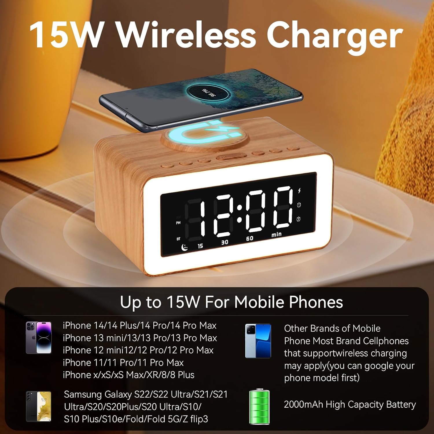 Bluetooth Alarm Clock with Wireless Charging and LED Night Light