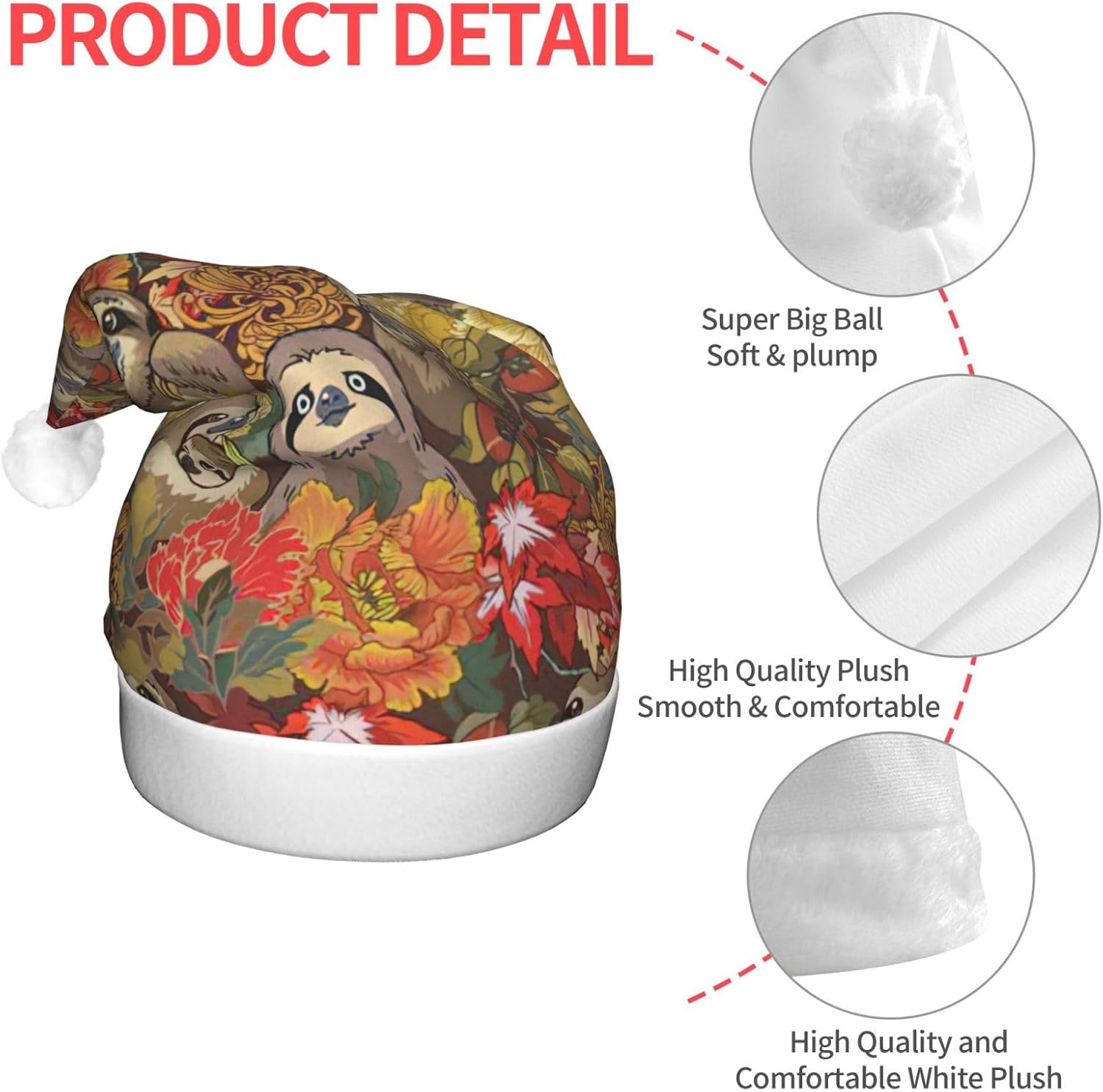 Funny Sloths Print LED Christmas Santa Hat Plush for Adults