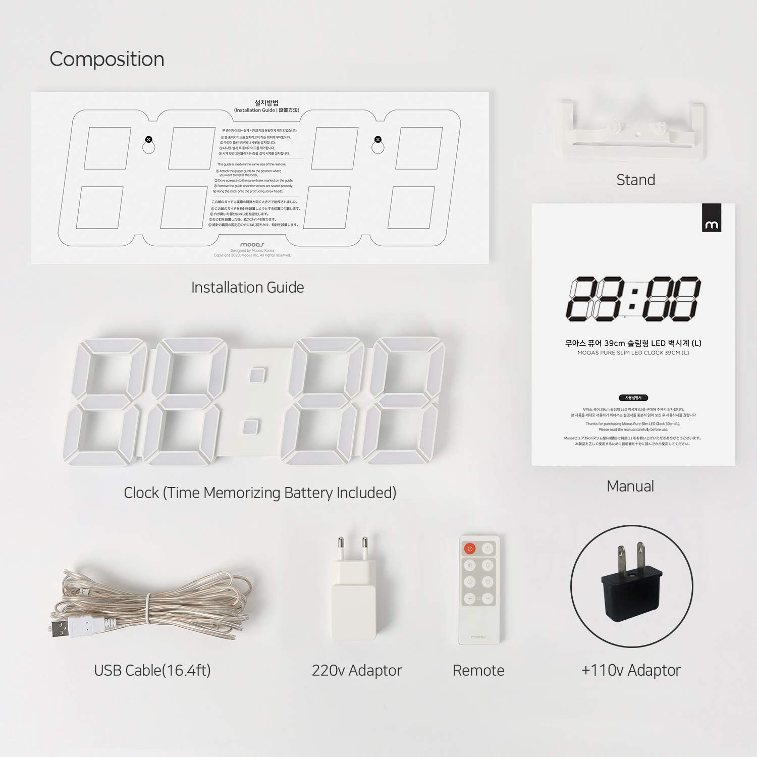 Mooas 3D Pure Slim L LED Clock with Remote Control