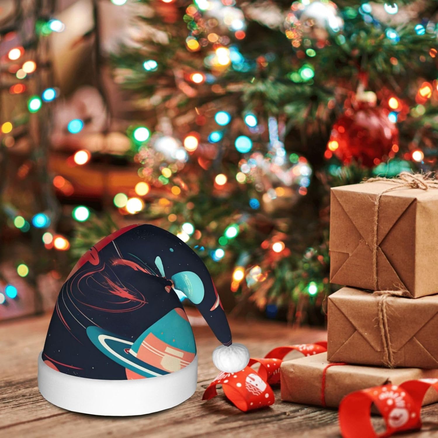 QinZheng Space Planets Print Santa Hat for Women
