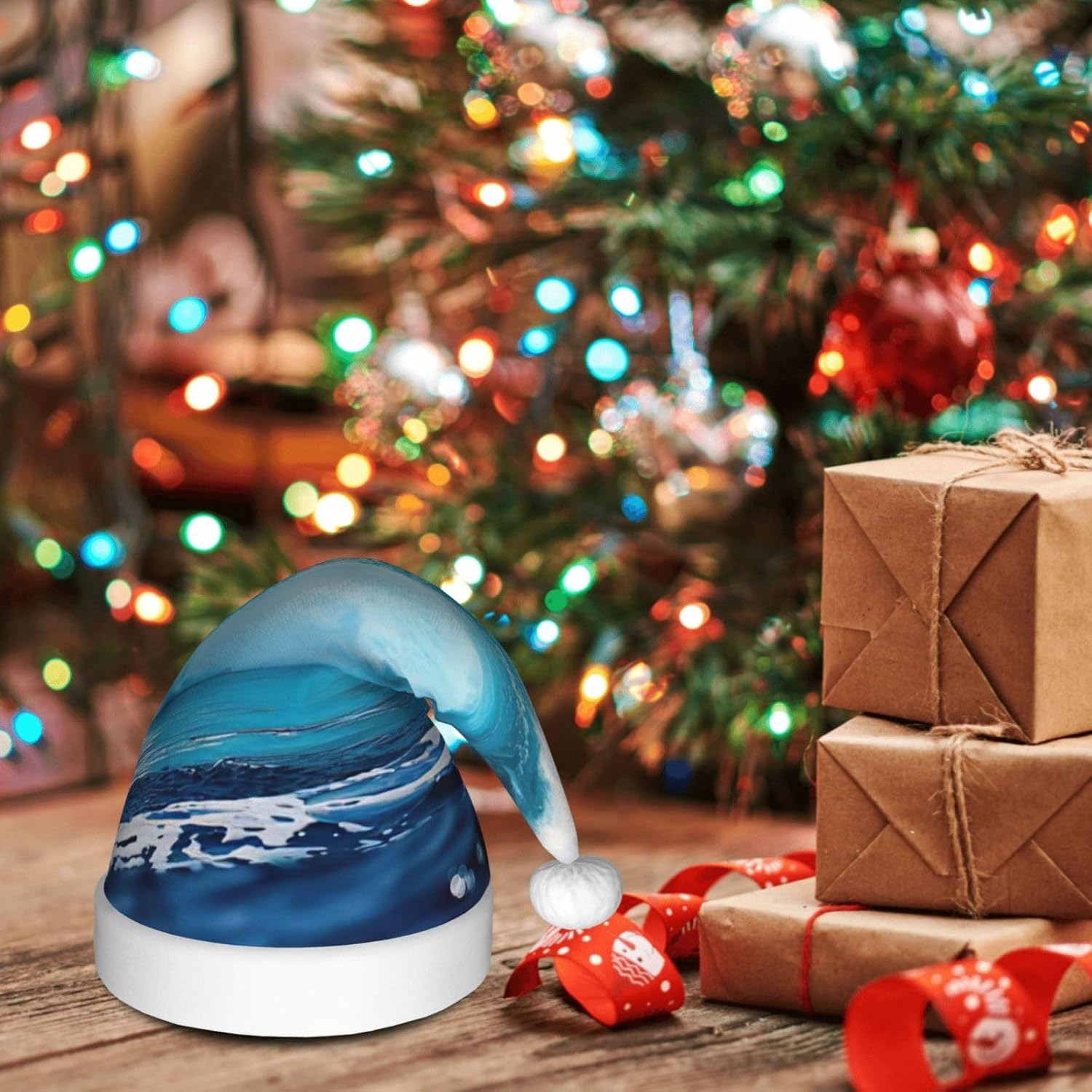 Big Ocean Wave HD Print Christmas Santa Hat Plush Comfortable
