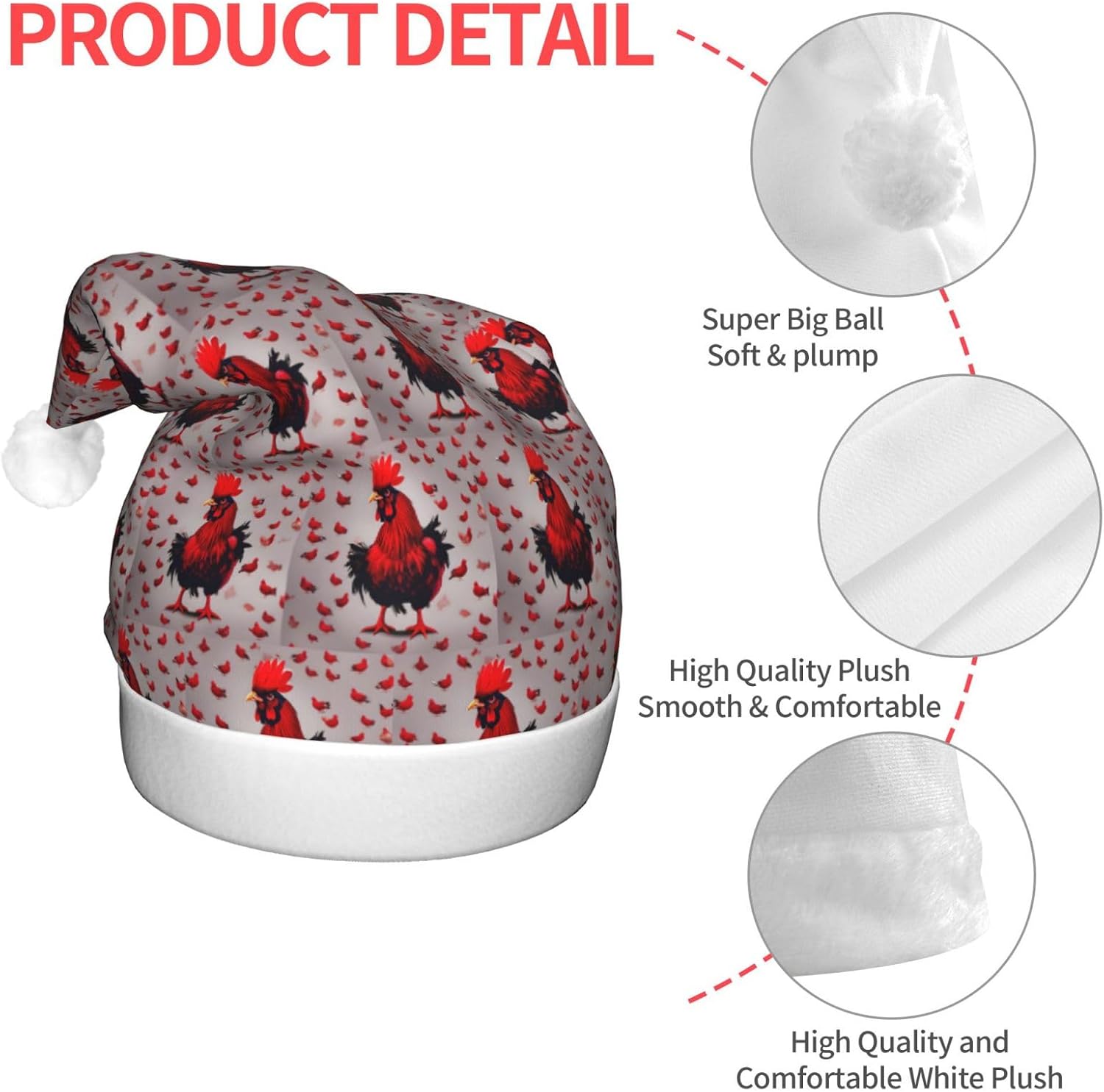 Red Chicken Print Christmas Santa Hat Plush LED Light Up Adult Party Hat
