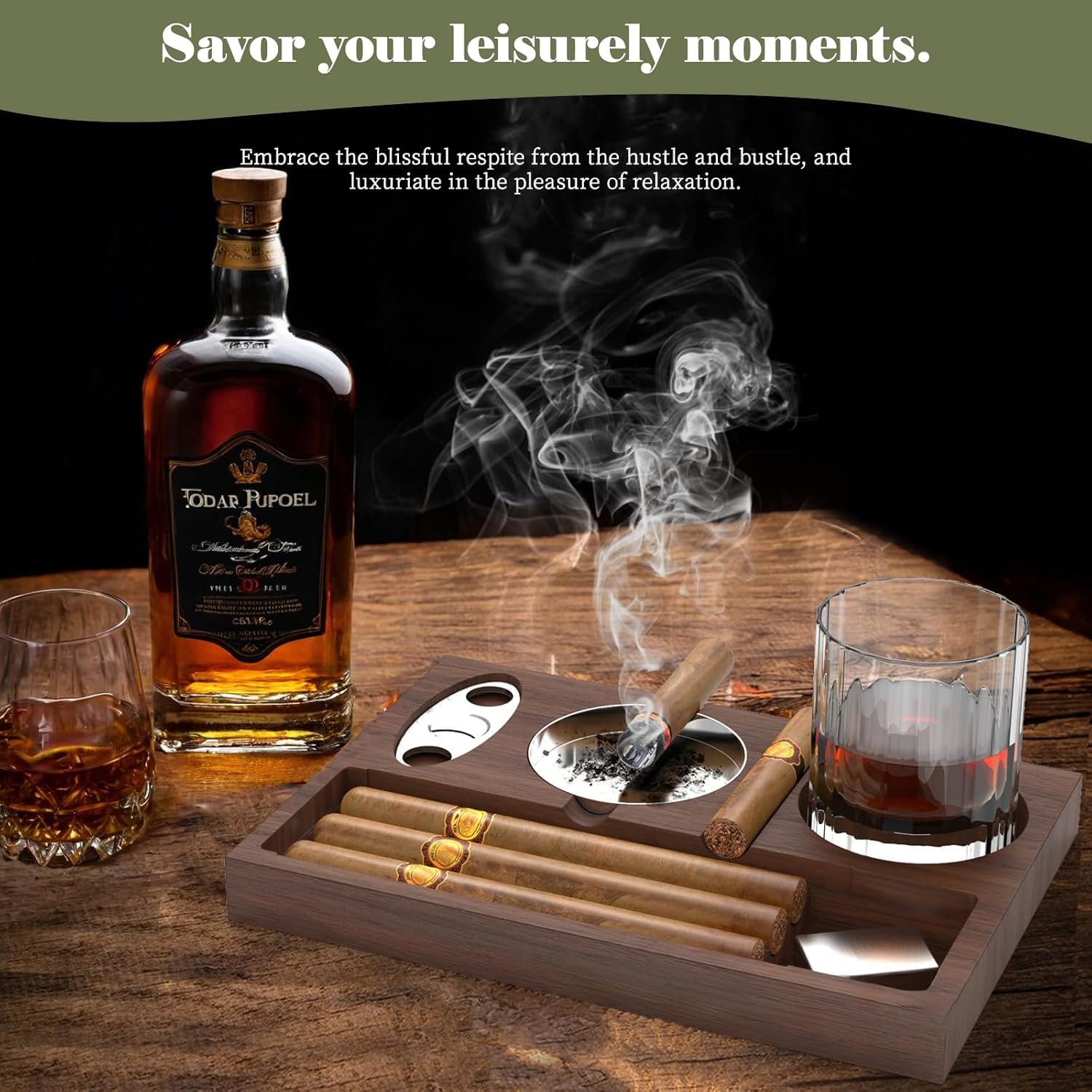 Wooden Cigar Ashtray with Cutters and Whiskey Glass Holder