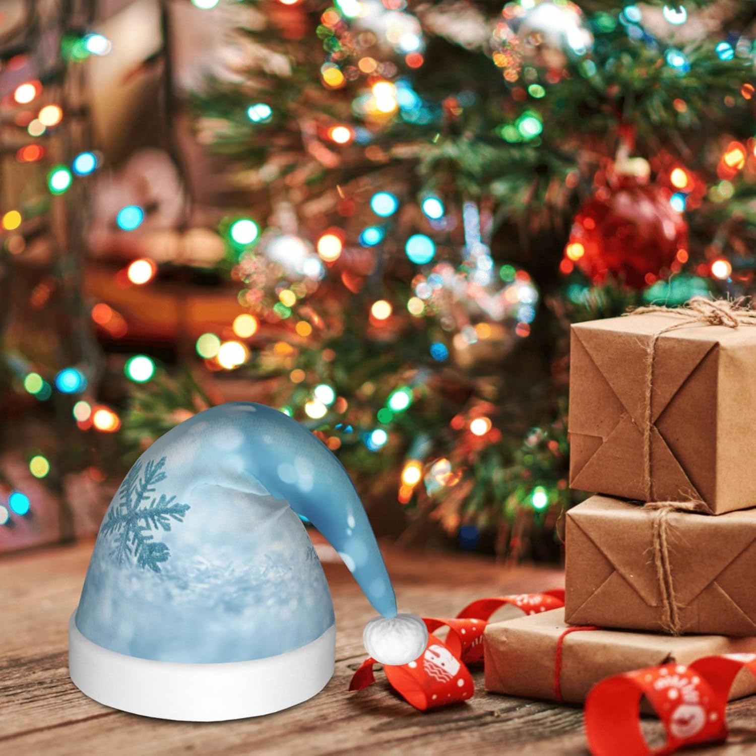 Blue Christmas Snowflake Print Santa Hat Small Size