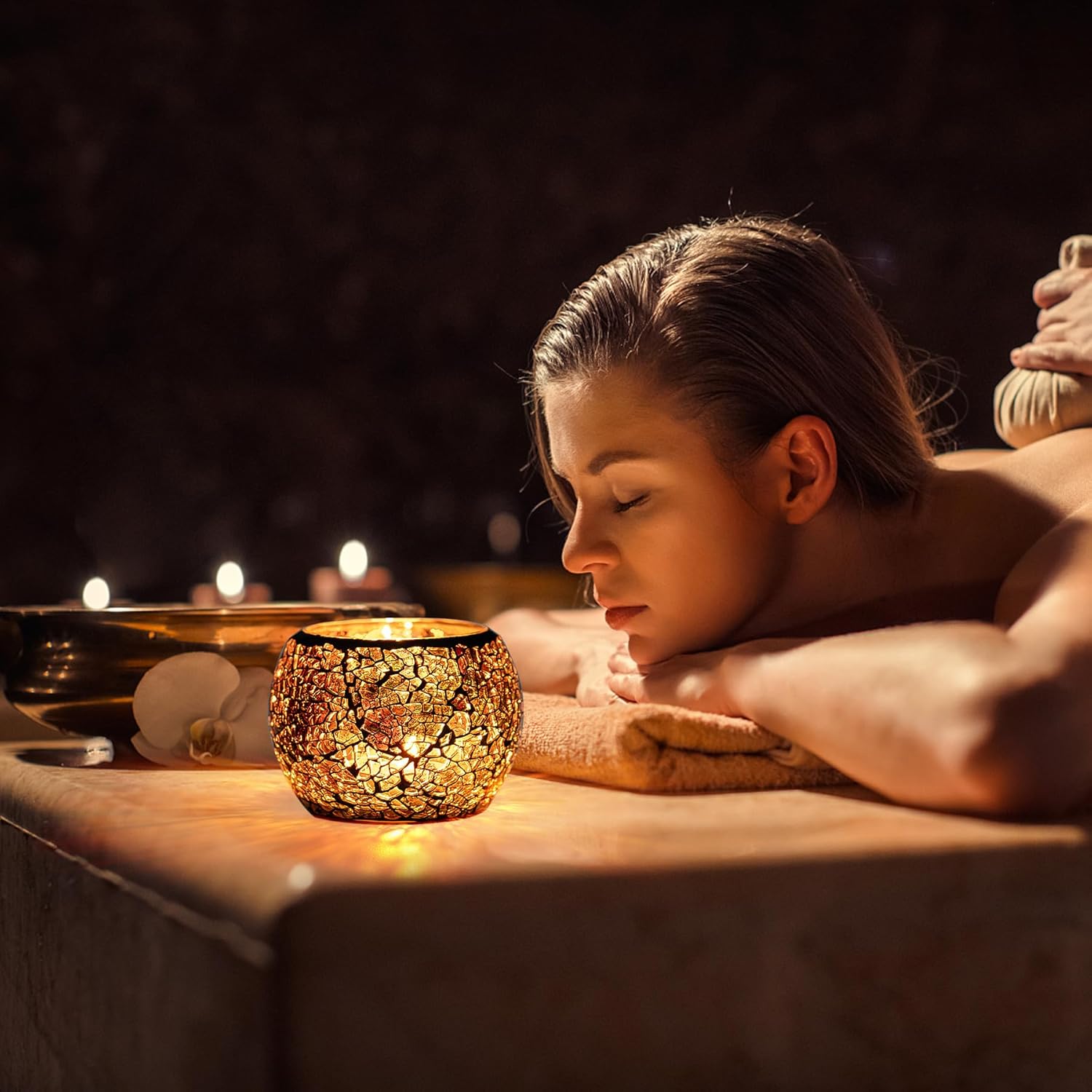 Scented Candle Holder Mosaic Glass Tea Light Holder Amber