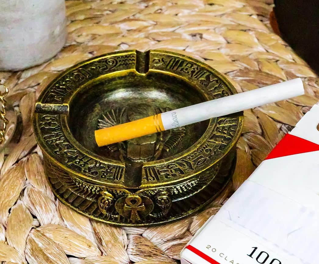 Egyptian Theme Ankh Dual Cobra Winged Scarab Ashtray Figurine 4 Inch