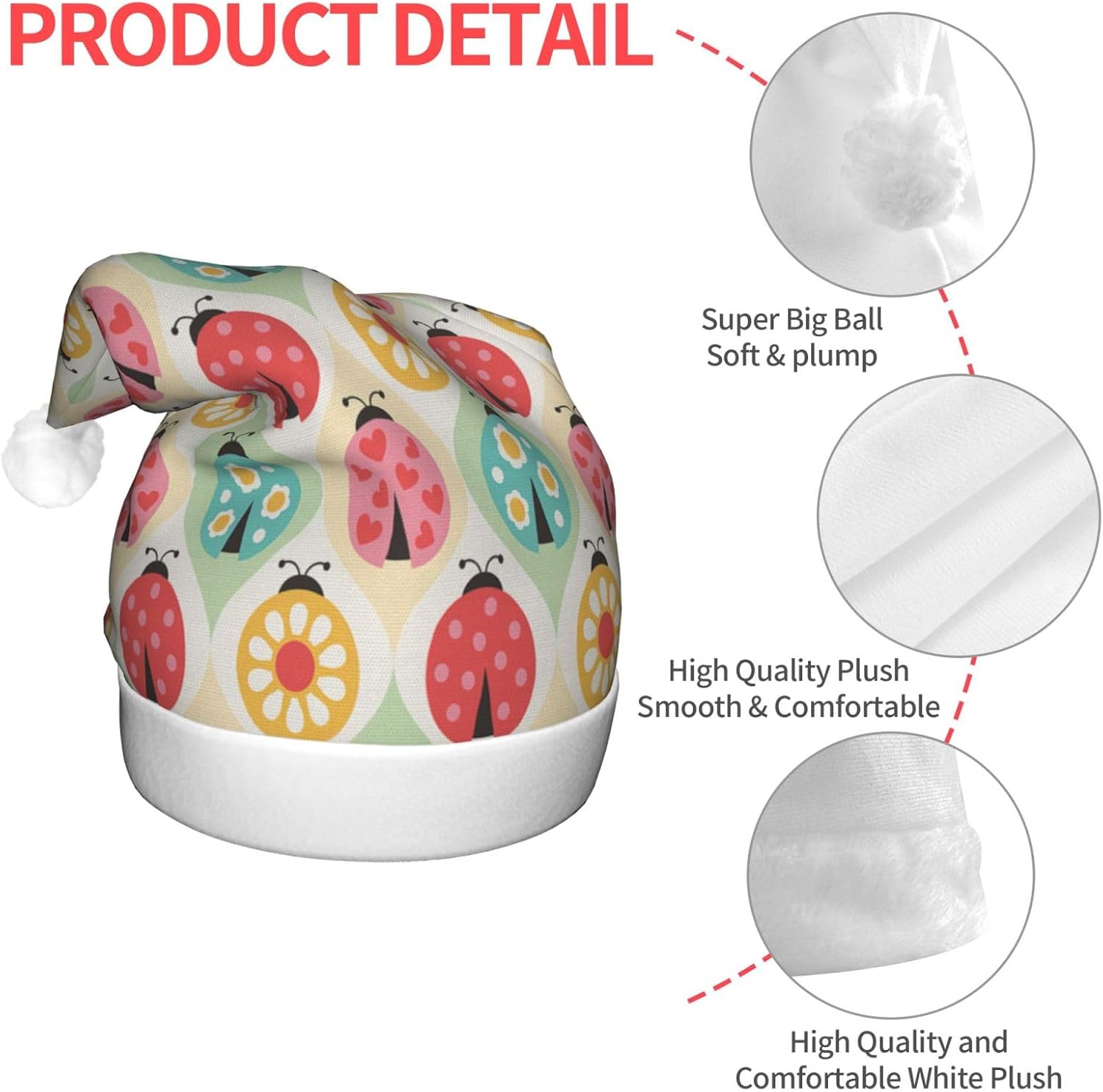 Ladybugs Cartoon Christmas Santa Hat Plush Light Up for Adults