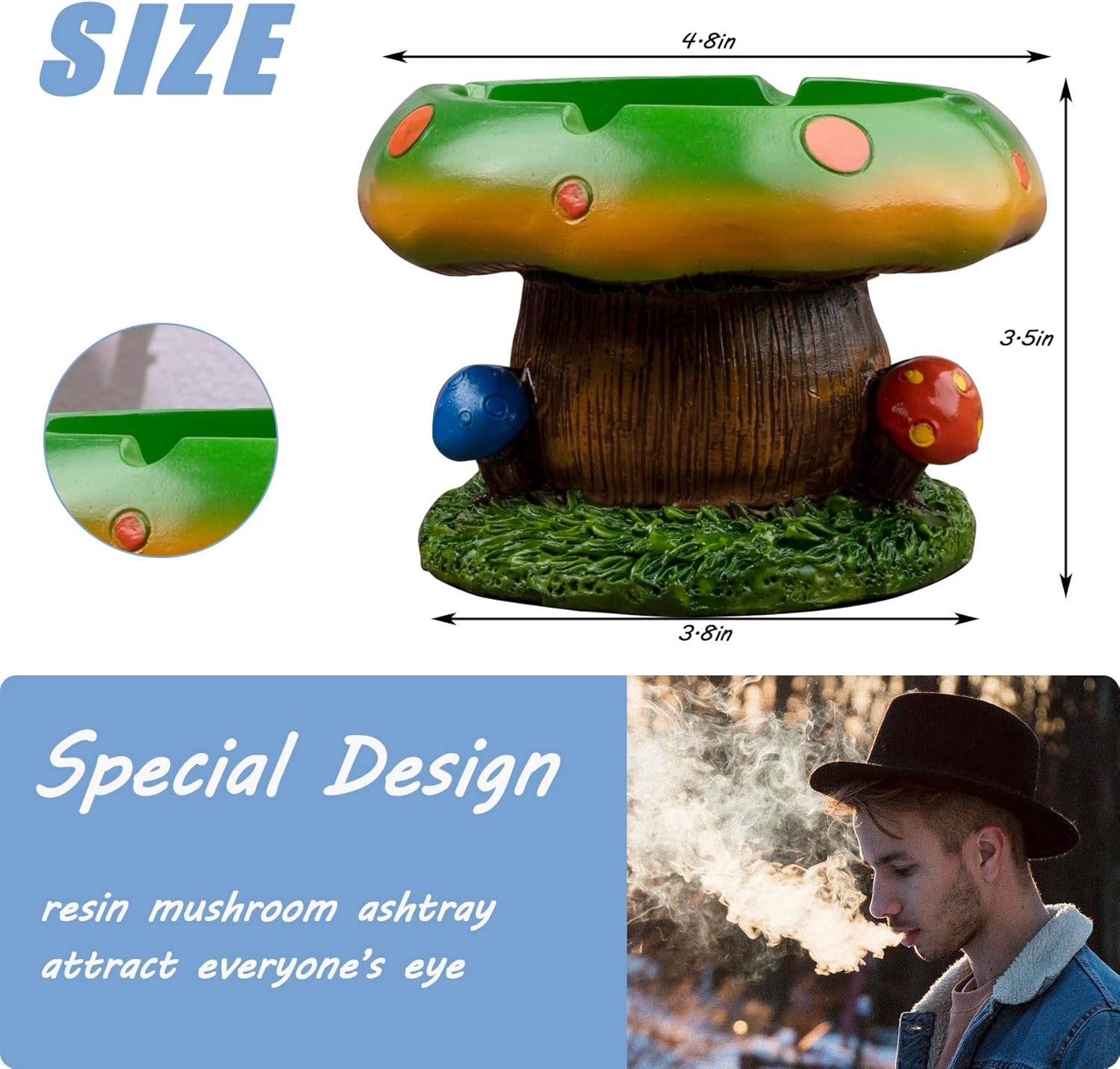 Yblenic Green Mushroom Resin Ashtray with Cigarette Holders