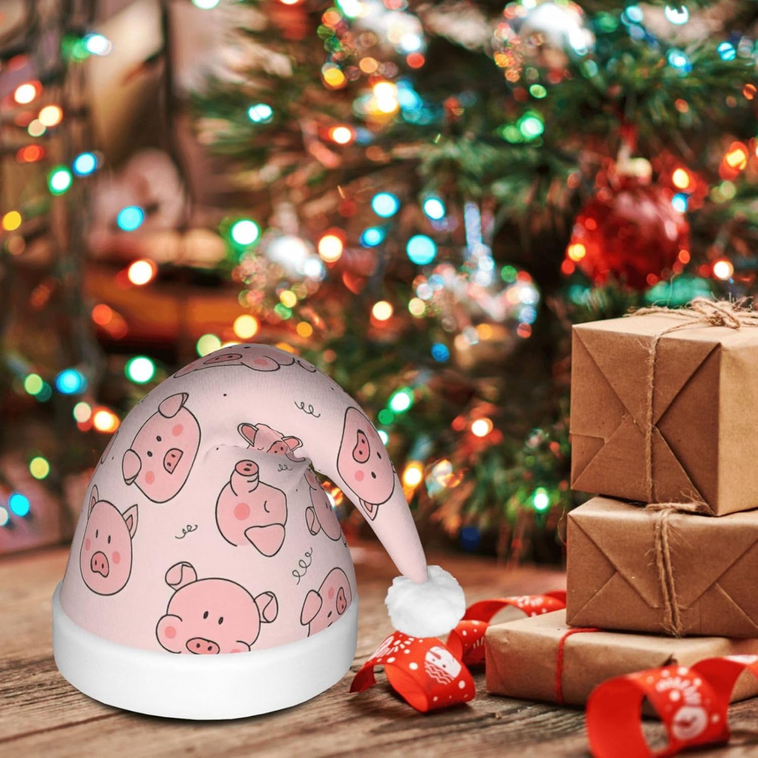 Pink Cute Pig Print LED Christmas Santa Hat Plush for Adults