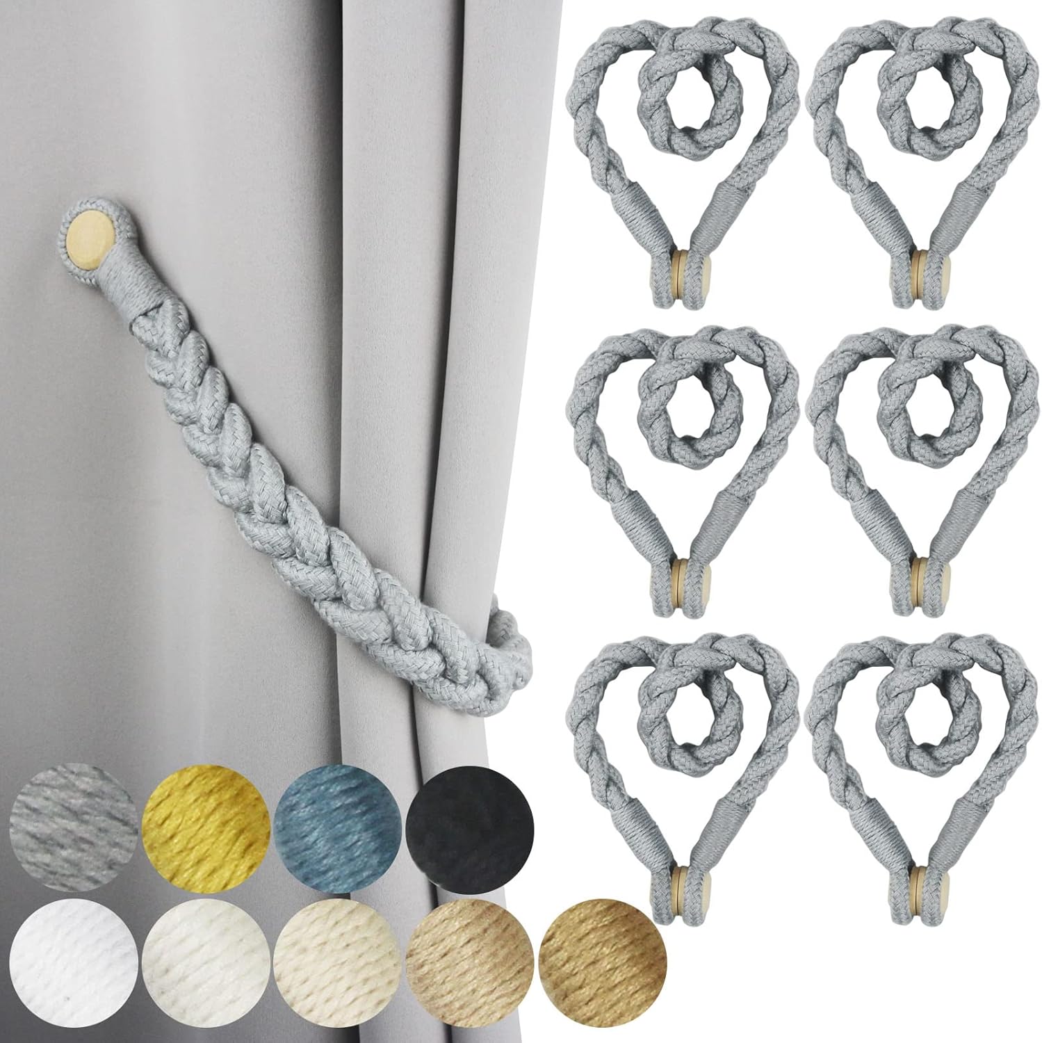 6 Pack Grey Magnetic Curtain Tiebacks with Wooden Buckle