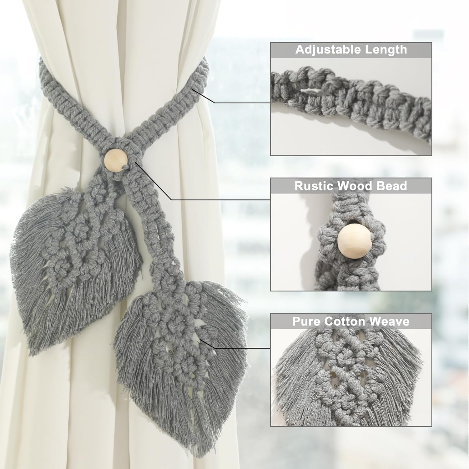 2 Pack Boho Curtain Tiebacks Adjustable Macrame Holdbacks for Drapes and Windows