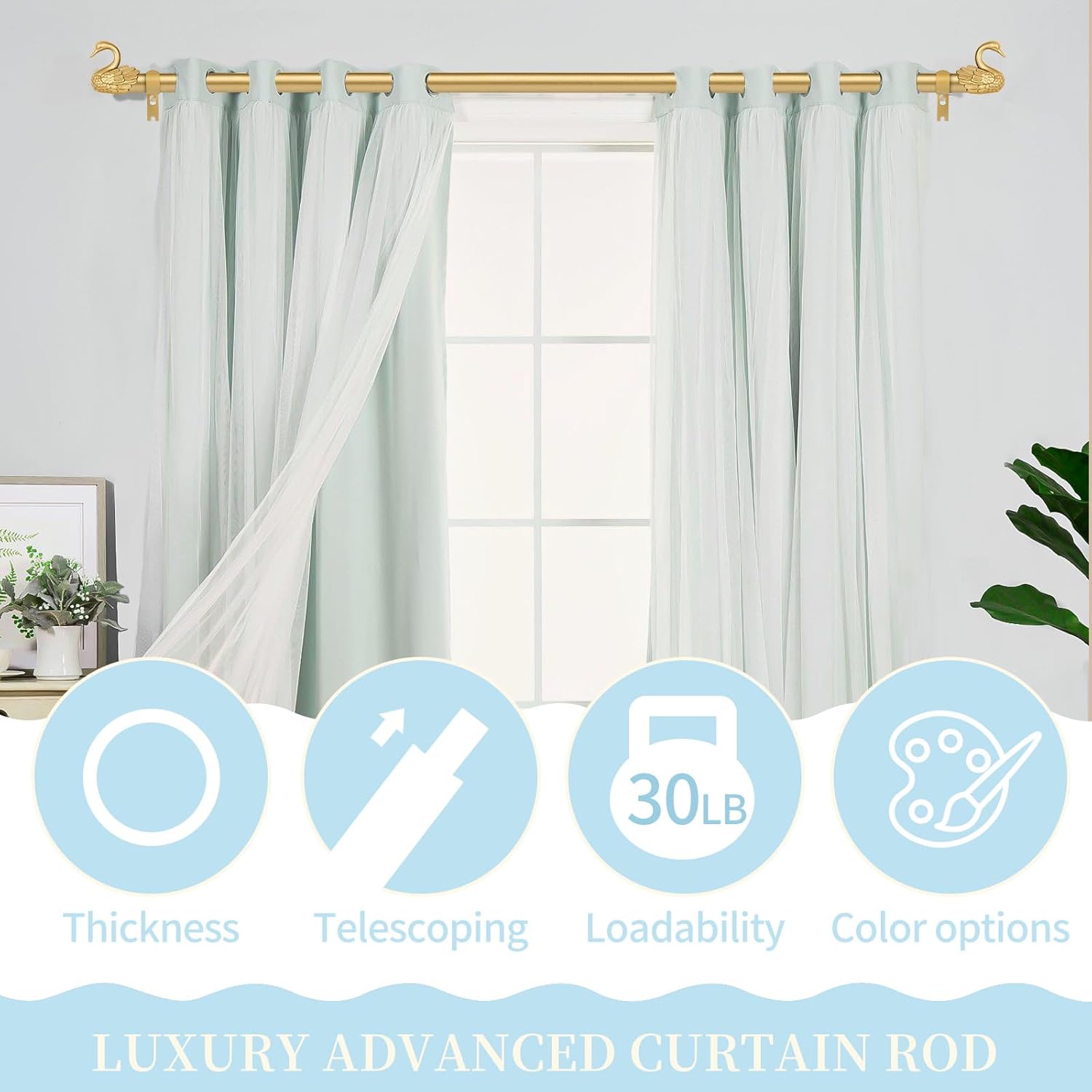 TANGWIN Gold Farmhouse Curtain Rod with Swan Finials