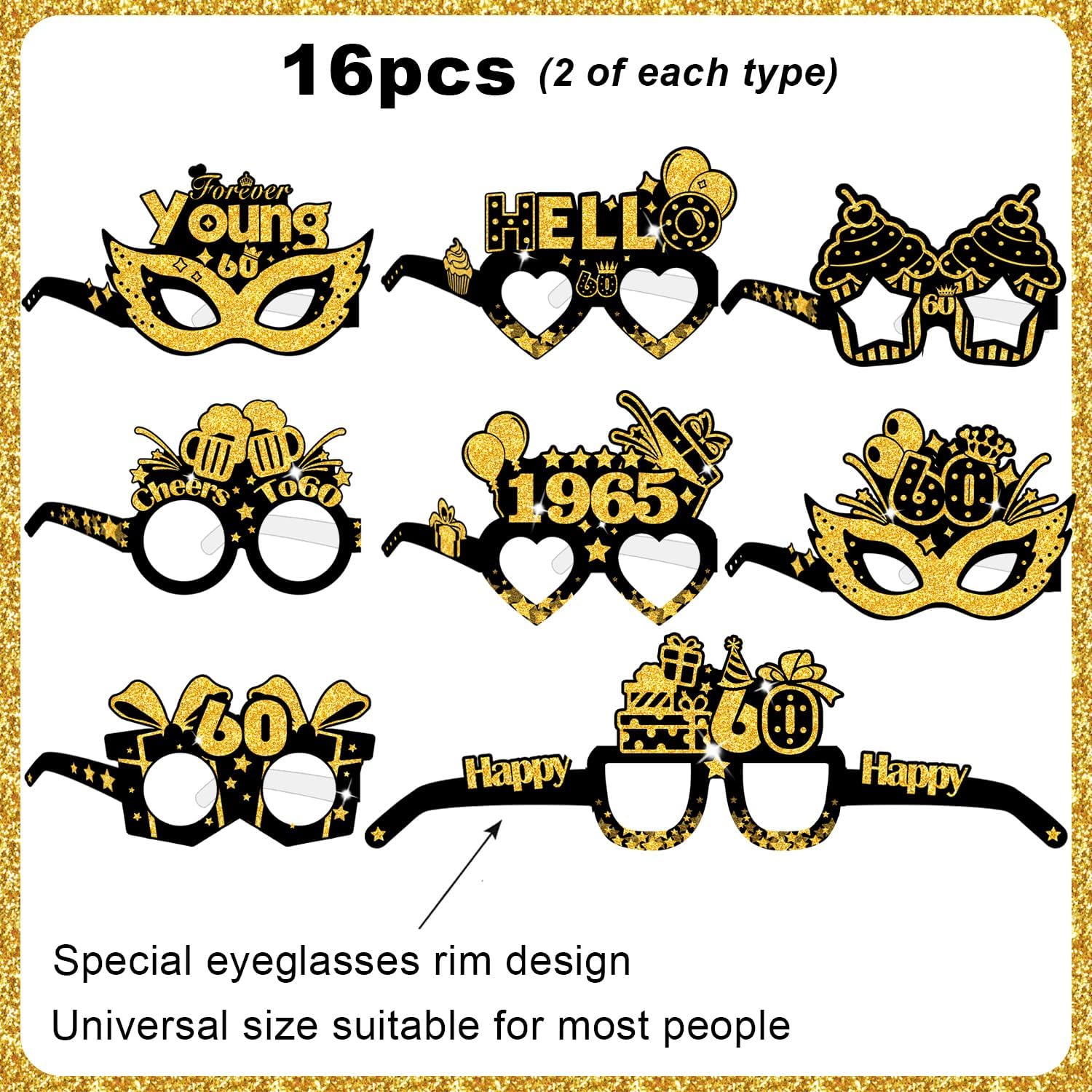 60th Birthday Paper Glasses Decorations 16pcs