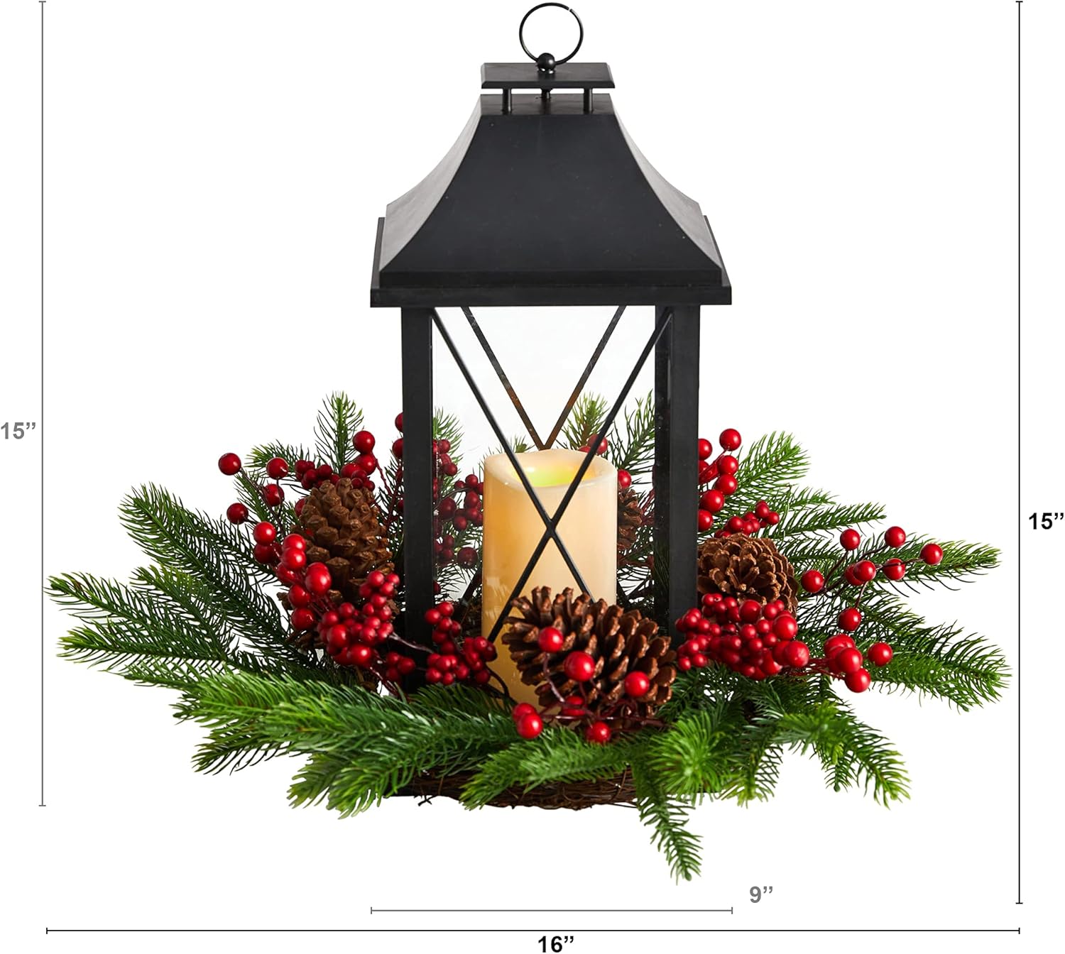 Nearly Natural 16in Holiday Christmas Table Arrangement with Lantern and LED Candle