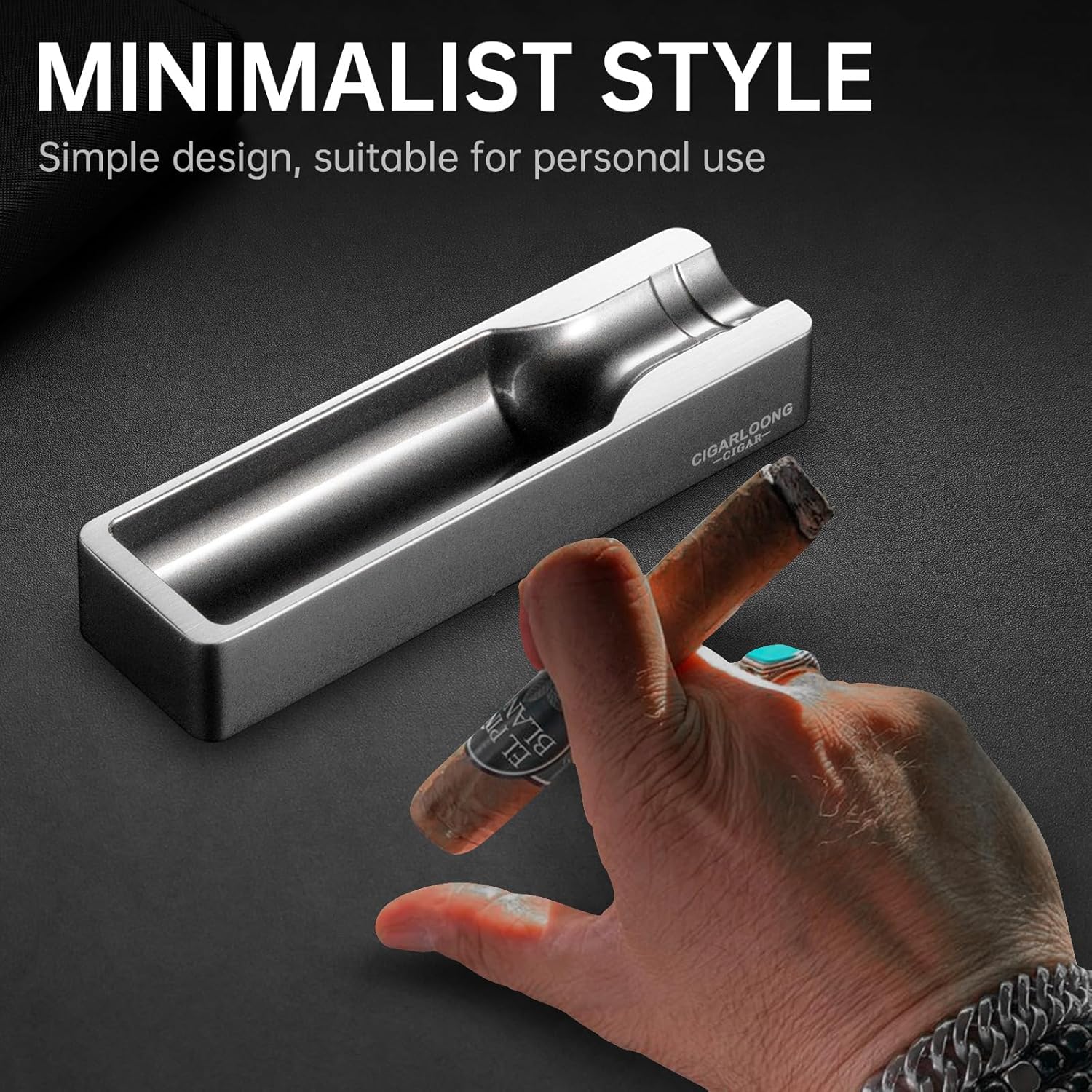 Cigar Ashtray Metal with Wide Cigar Slot Silver