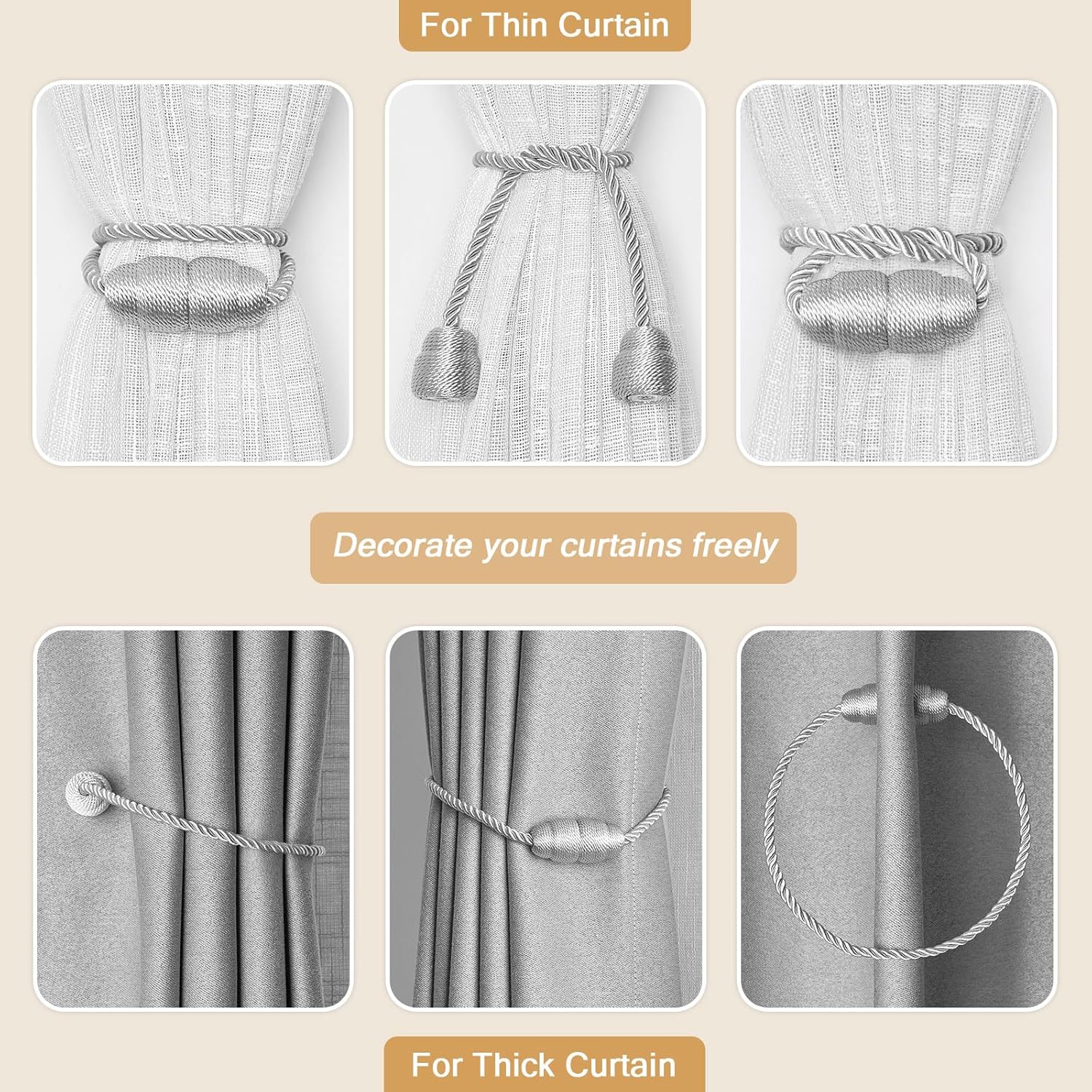 NICEEC 2 Pack Magnetic Curtain Holdbacks Grey