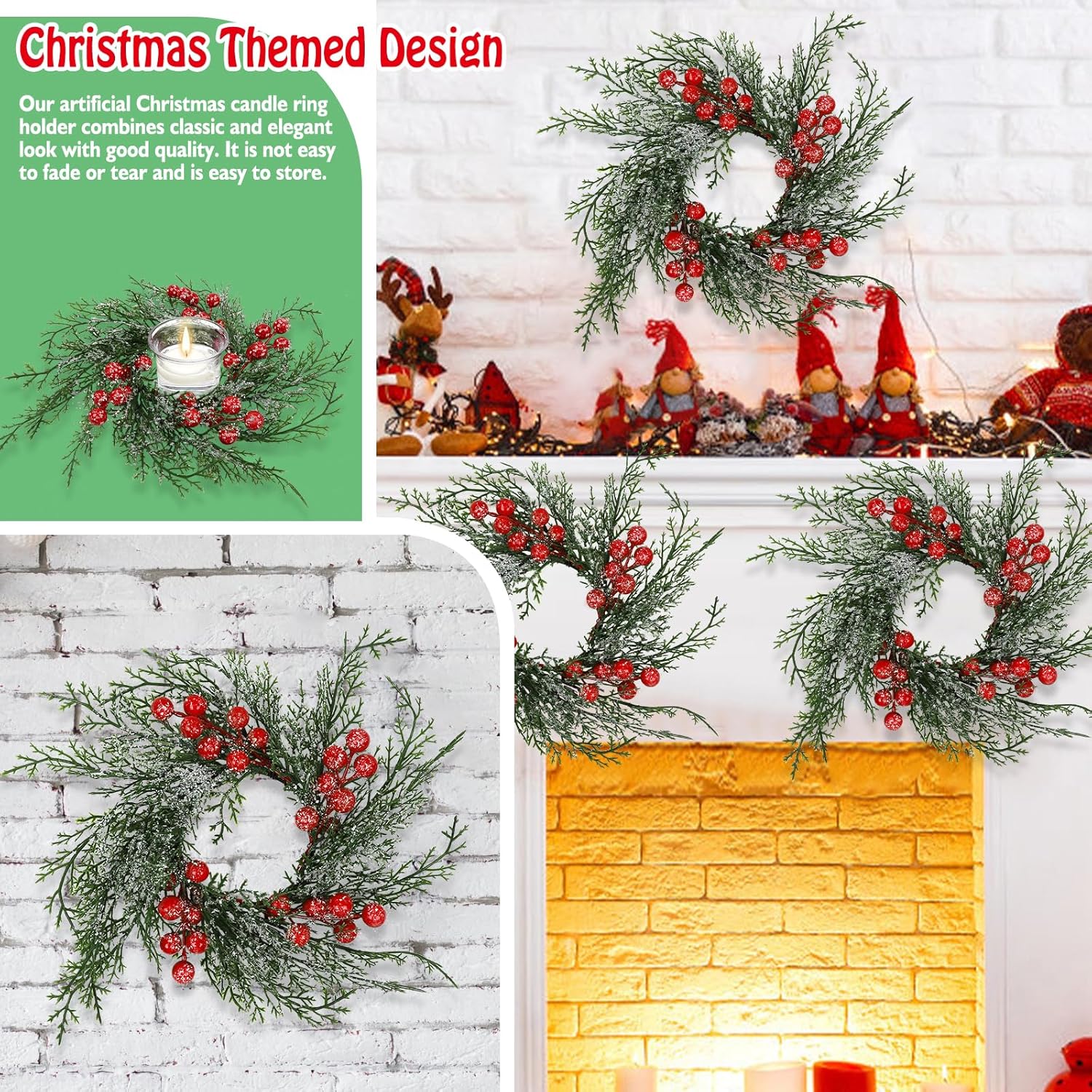 6 Pcs Christmas Candle Rings Wreath Holder