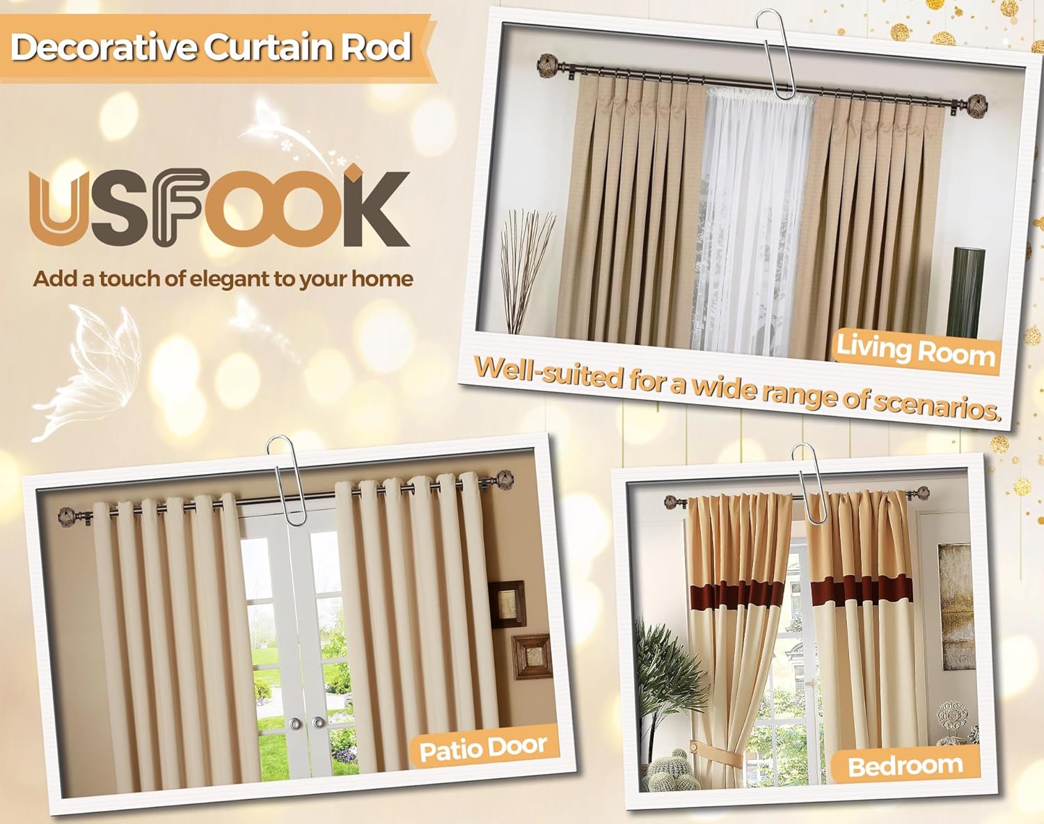 USFOOK Bronze Curtain Rods 48-84 Inch with Leaf Finials