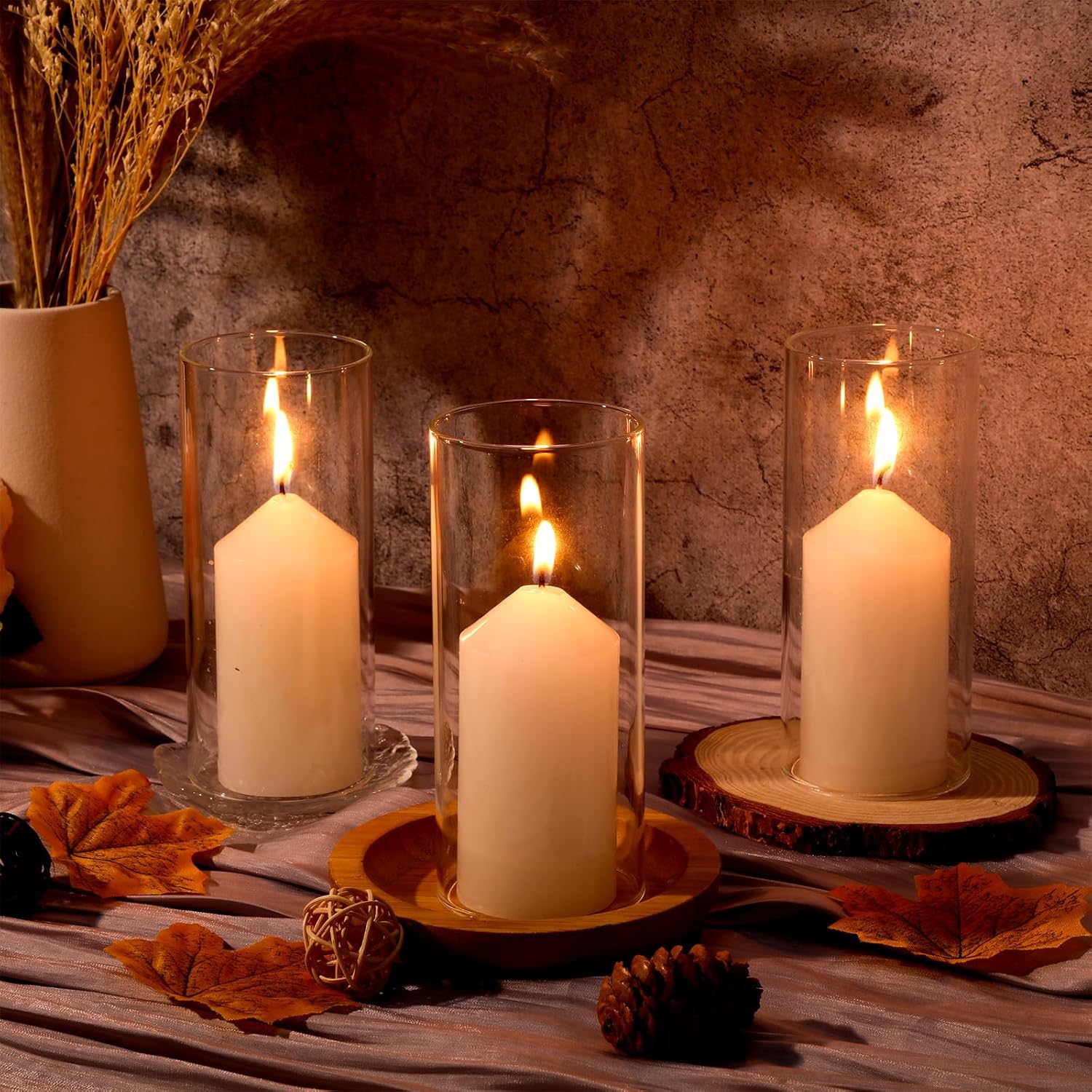 Yaomiao 6 Set Hurricane Candle Holder Sleeves with Unscented Pillar Candles