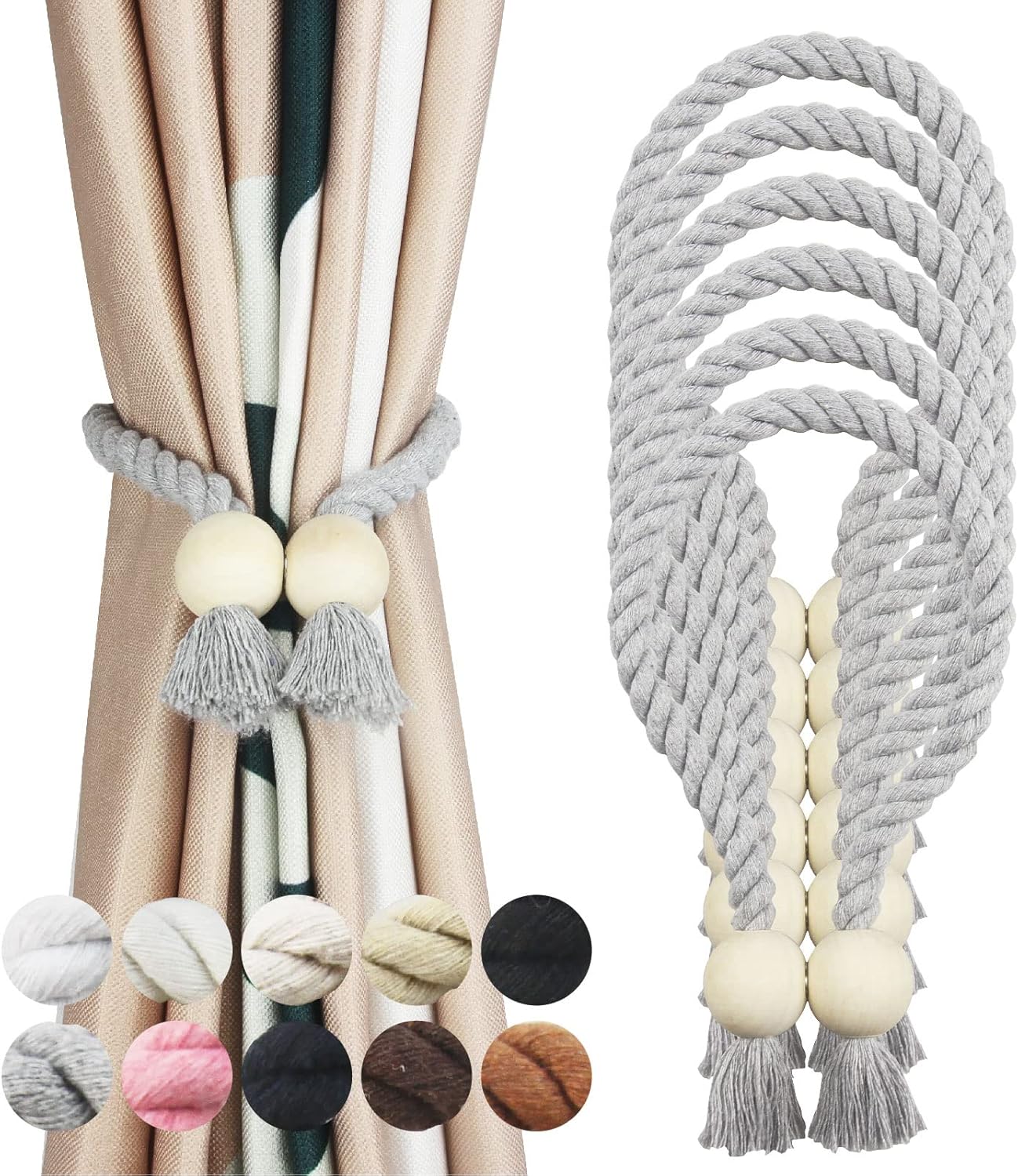 6 Pack Cotton Magnetic Curtain Holdbacks with Wooden Buckle No Tools Required