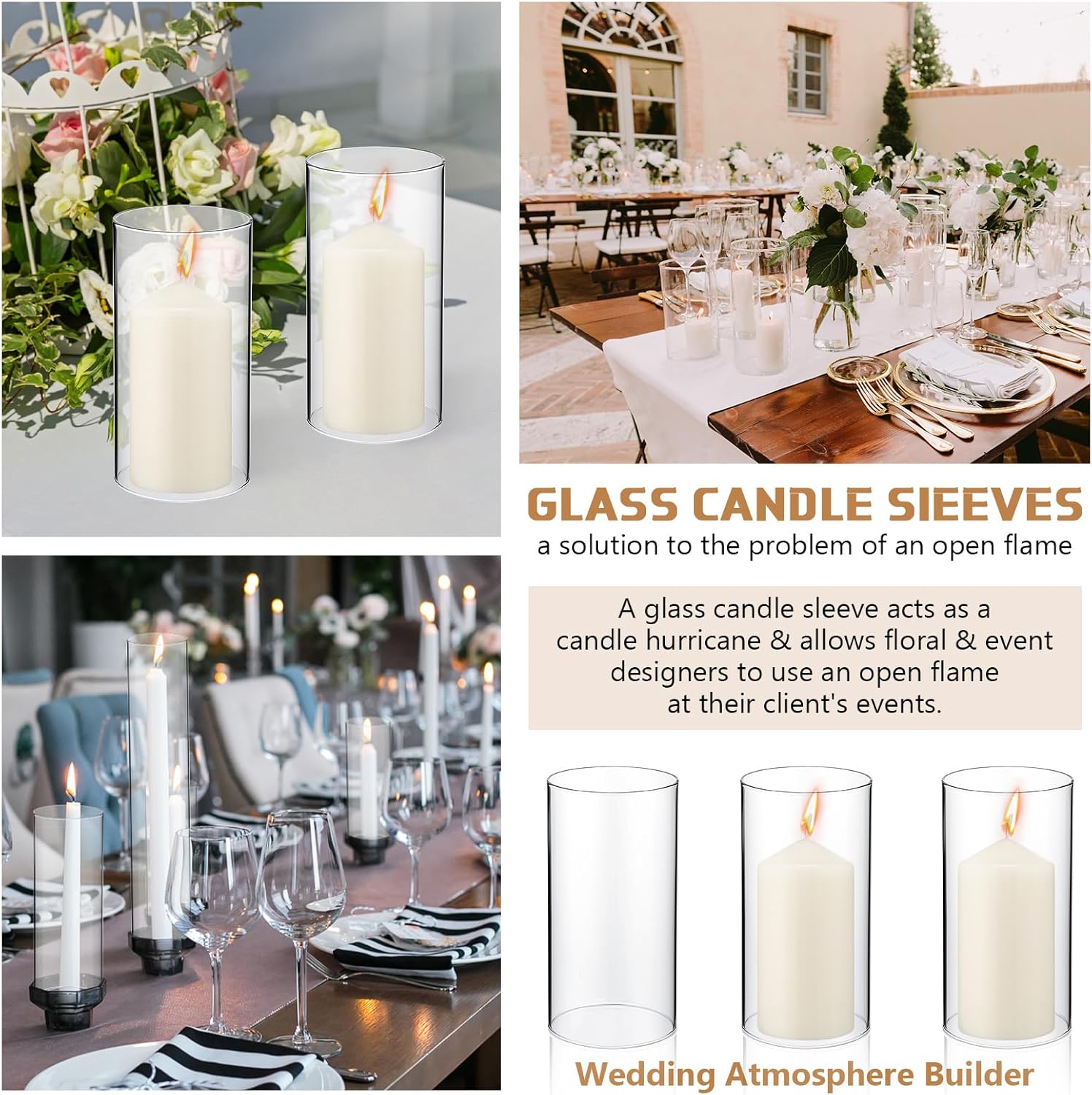 Yaomiao 6 Set Hurricane Candle Holder Sleeves with Unscented Pillar Candles