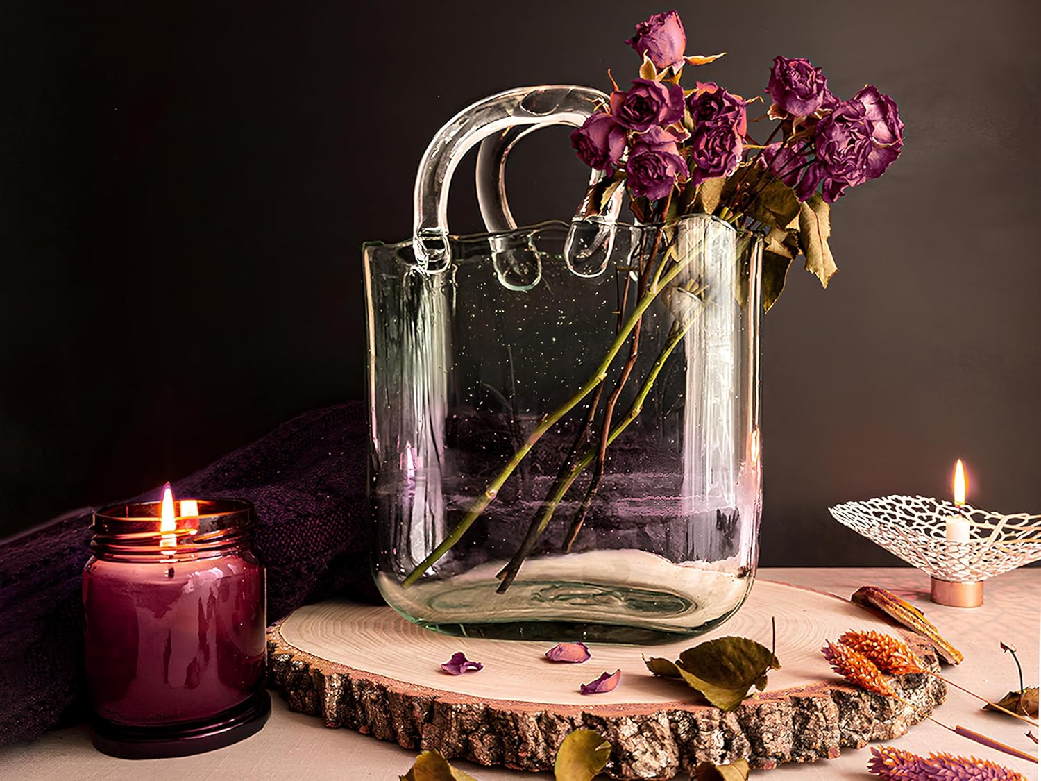 OLEEK Glass Purse Vase - 10 Inch Blue Centerpiece Decor