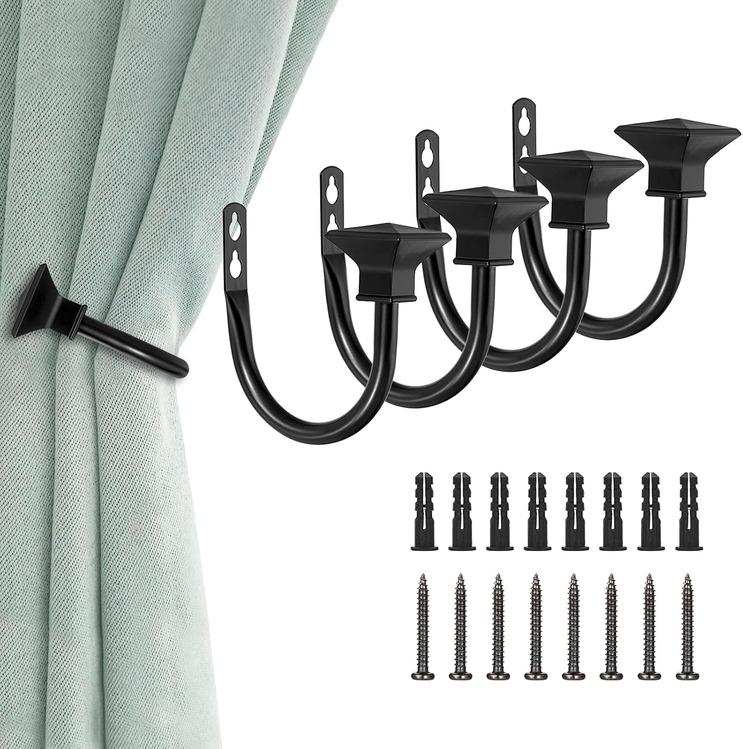 Sumnacon 4Pcs Square Metal Curtain Holdbacks Black