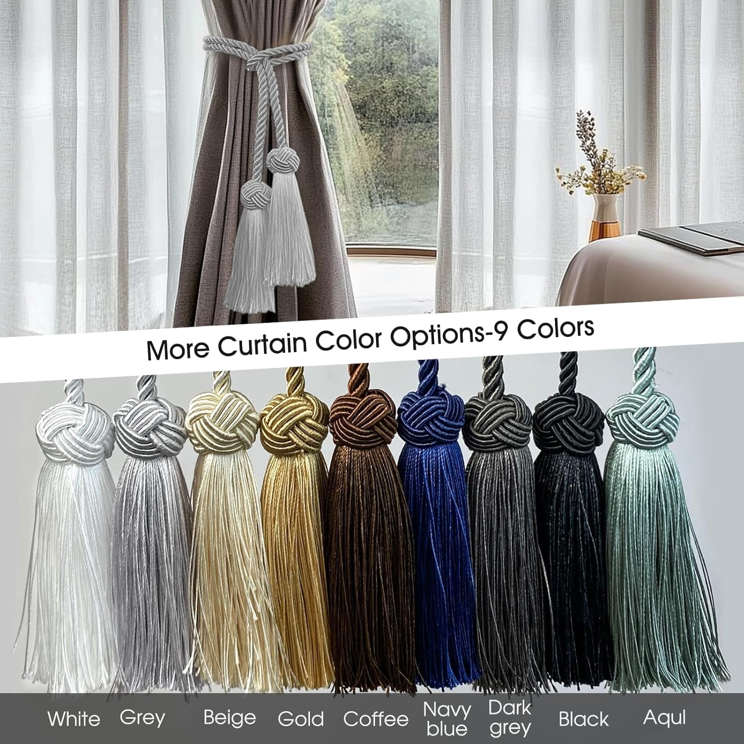 2 Pack Grey Curtain Tassel Tiebacks with Rope